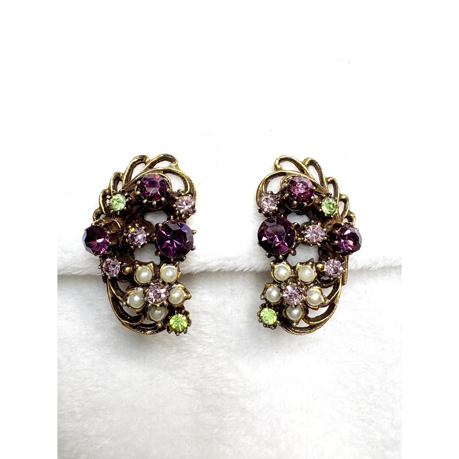Signed Florenza Amethyst Peridot & Pearl Floral Clip-On Earrings, 1960s Vintage