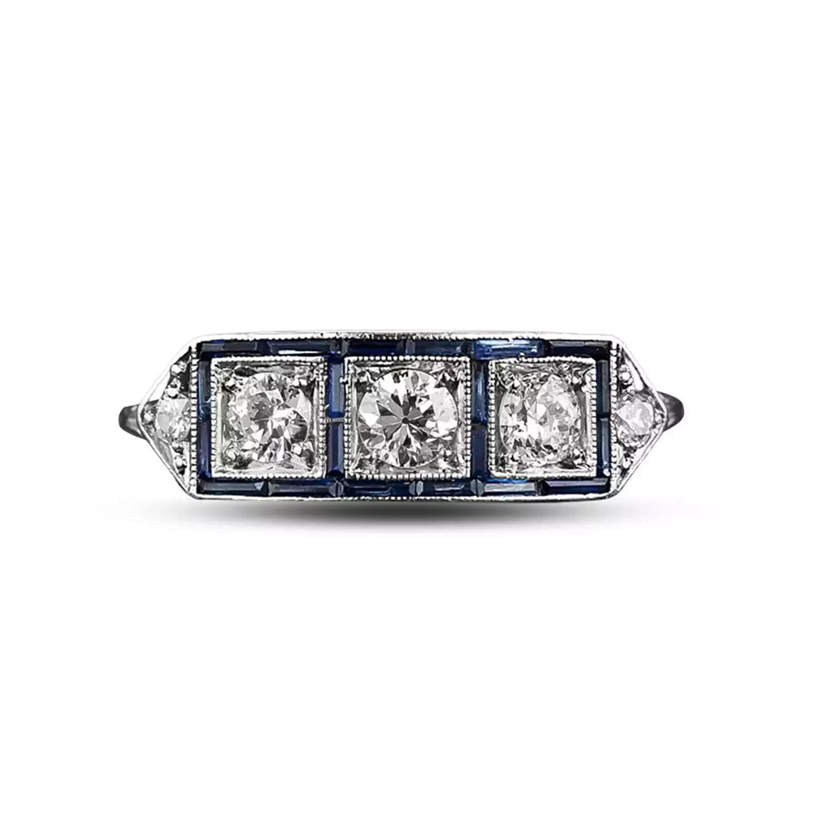 Art Deco Lab Created Diamond Sapphire Three-Stone 14K White Gold FN Wedding Ring