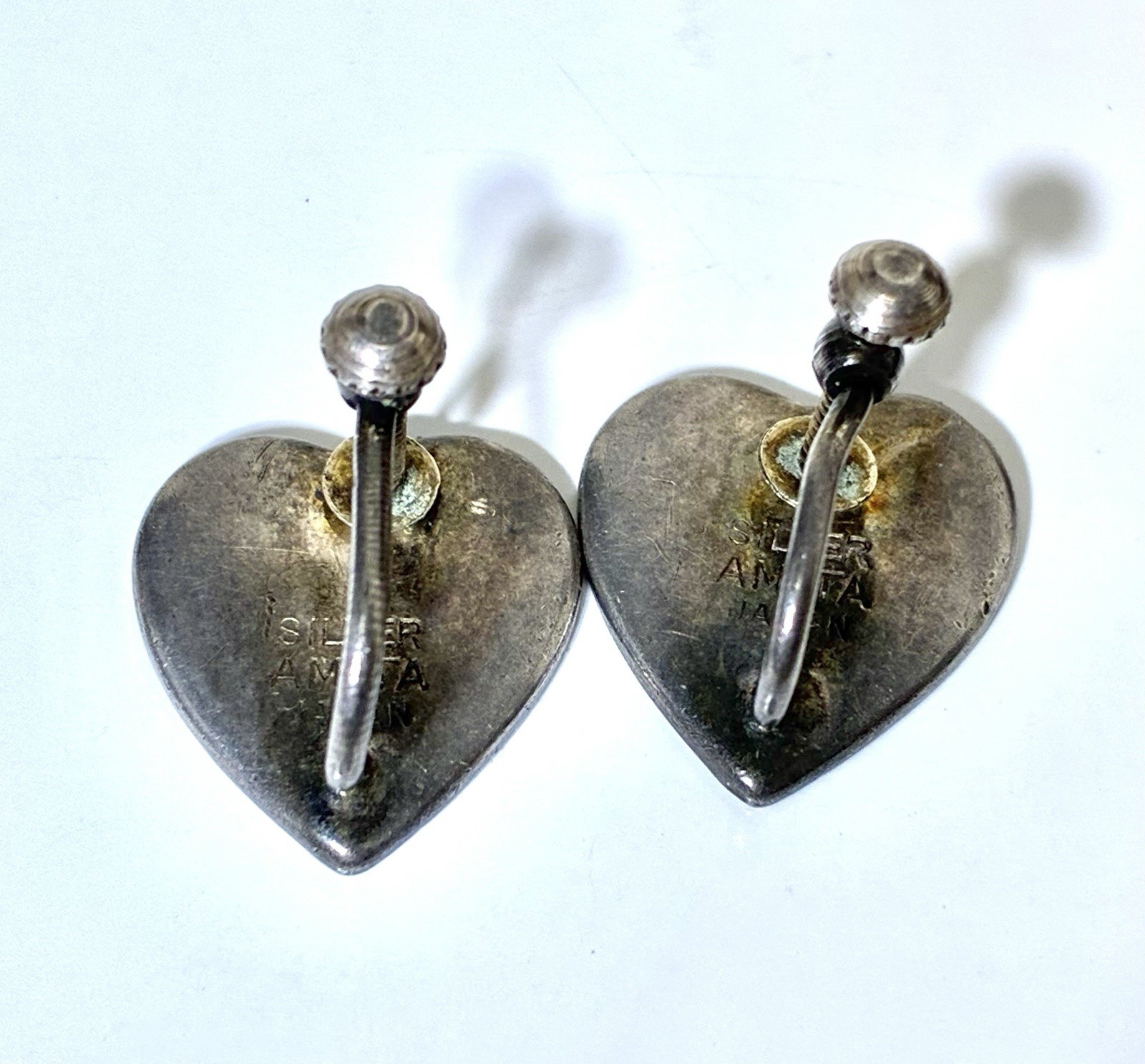 Vintage Heart Damascene Enamel Sterling Silver AMITA Japan Earrings Non Pierced