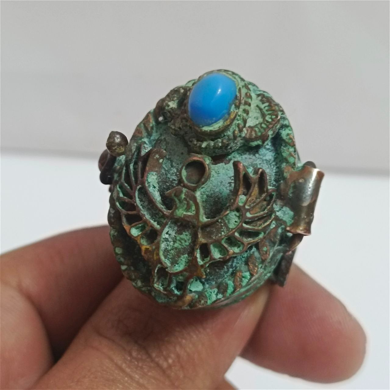Rare Handmade Egyptian Falcon Copper Ring Turquoise Stone Antique Style Jewelry