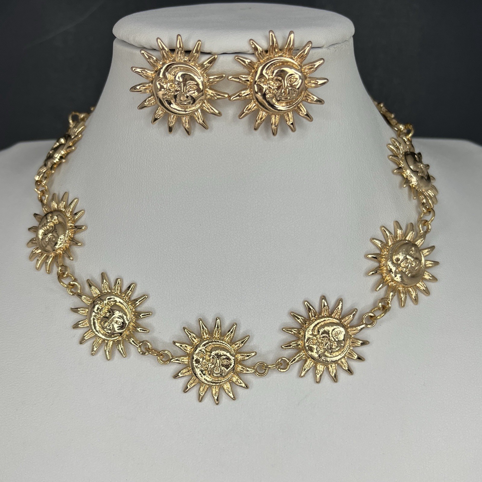 Gold Tone Celestial Sun Moon Necklace Earrings Set Pierced Choker Retro