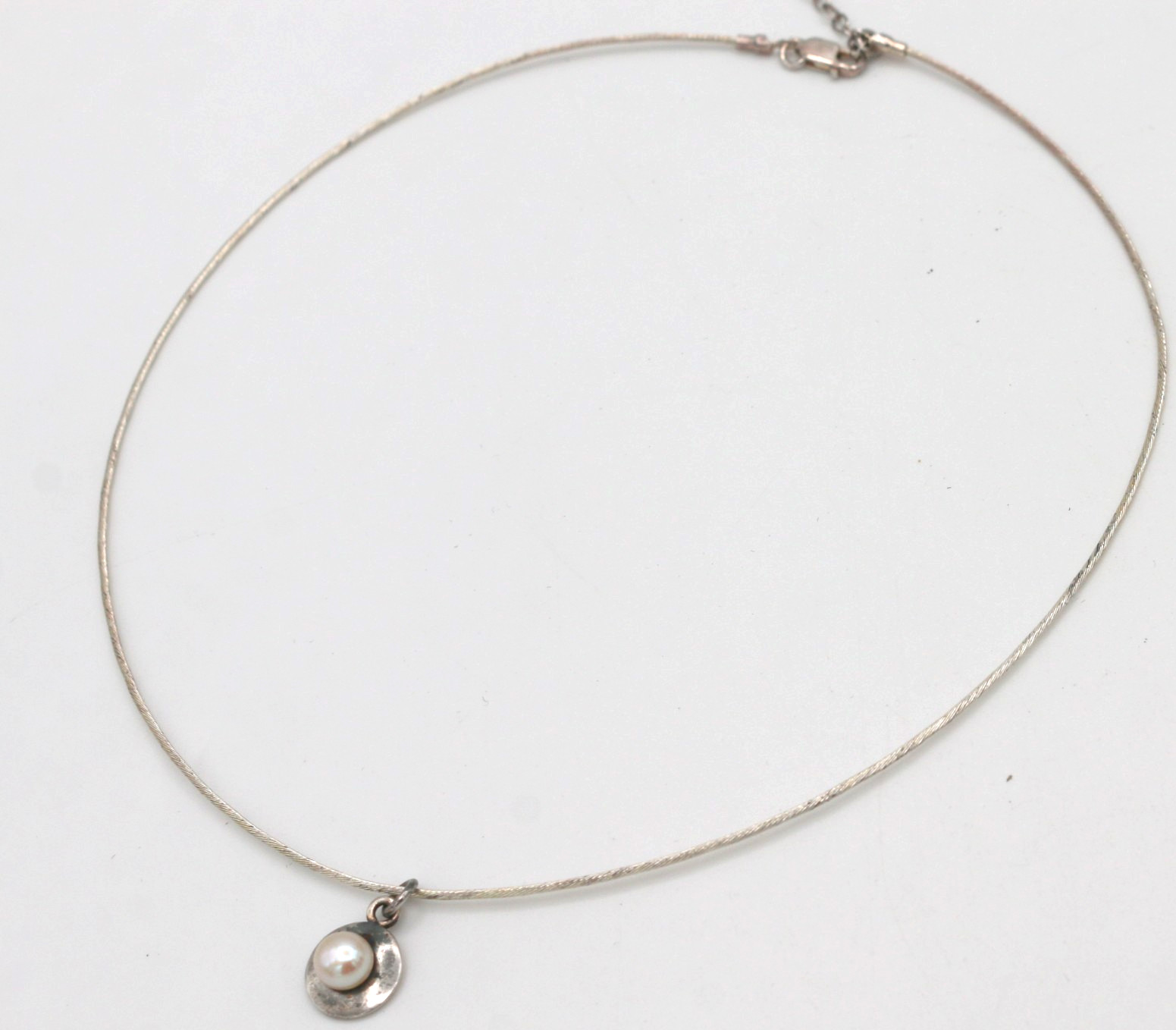 VTG Modernist Sterling Silver 925 Wire Collar Choker Necklace w/ Pearl Pendant