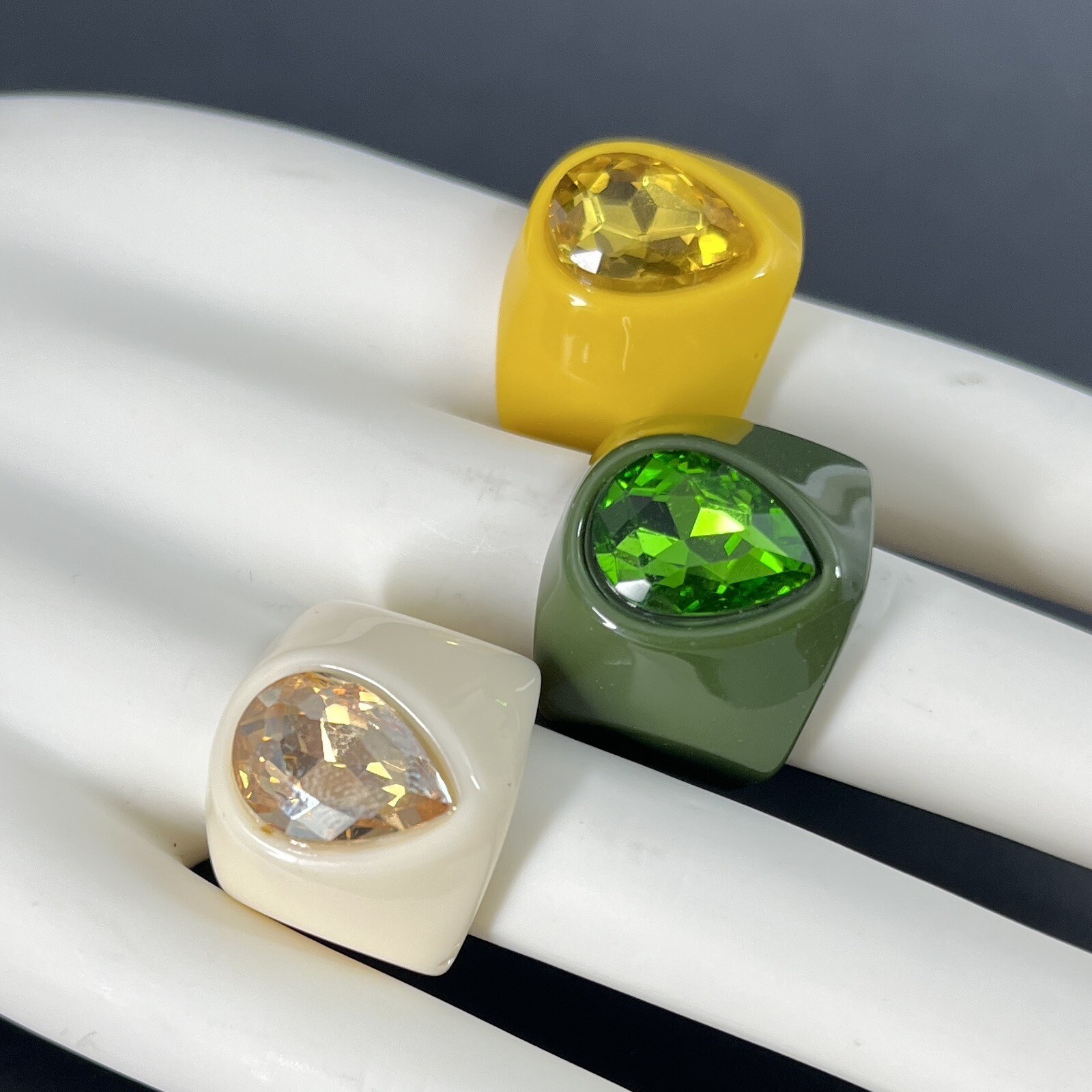 Retro Lucite Rhinestone Rings Set Green Yellow Cream Size 7 – 7.5 Chunky Boho