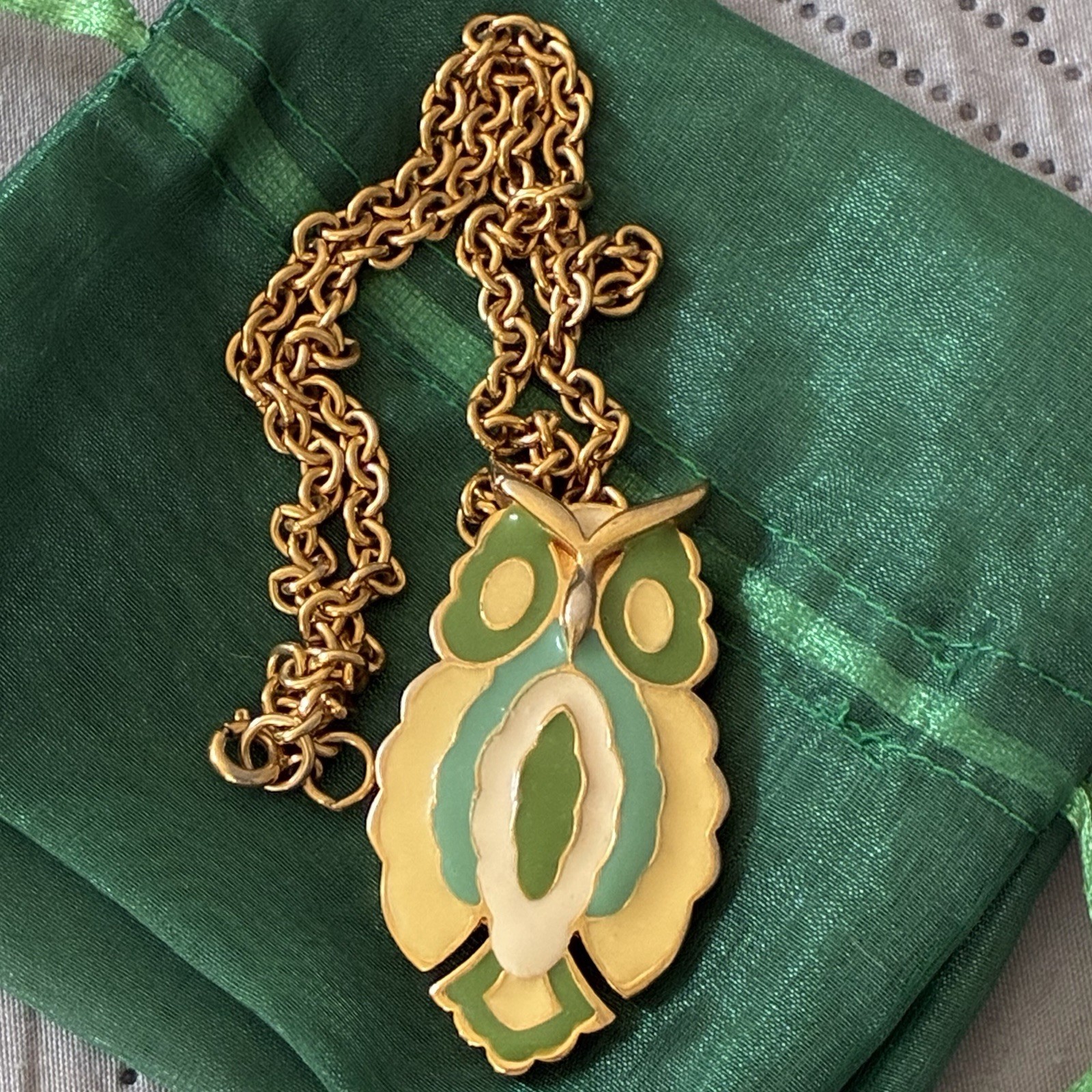 Vintage Owl Pendant Necklace “Eisenberg-style” Abstract Enamel Gold-tone 18”
