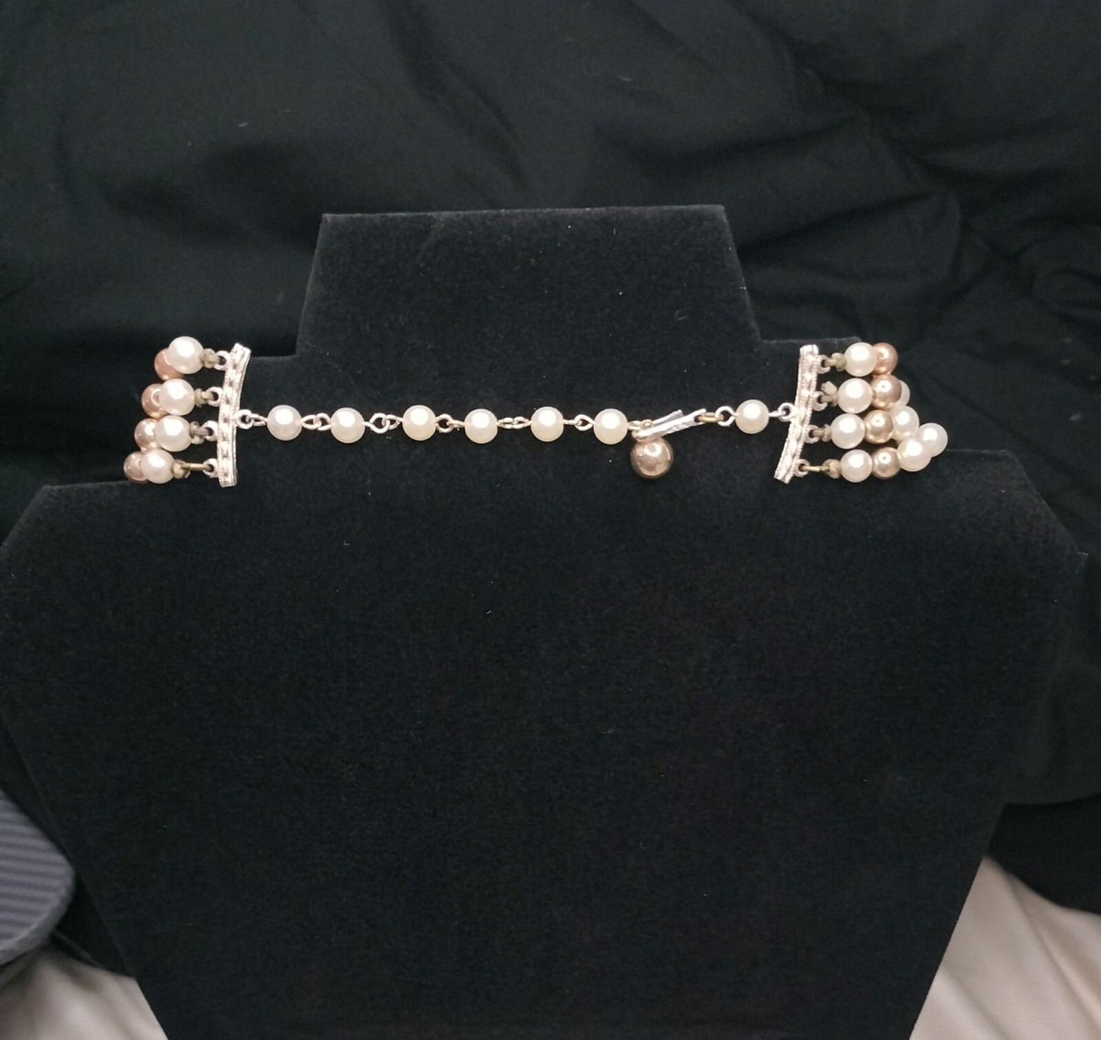 Vintage Multi Strand Faux Pearl Necklace White Gold Tone Decorative Hook Clasp 1