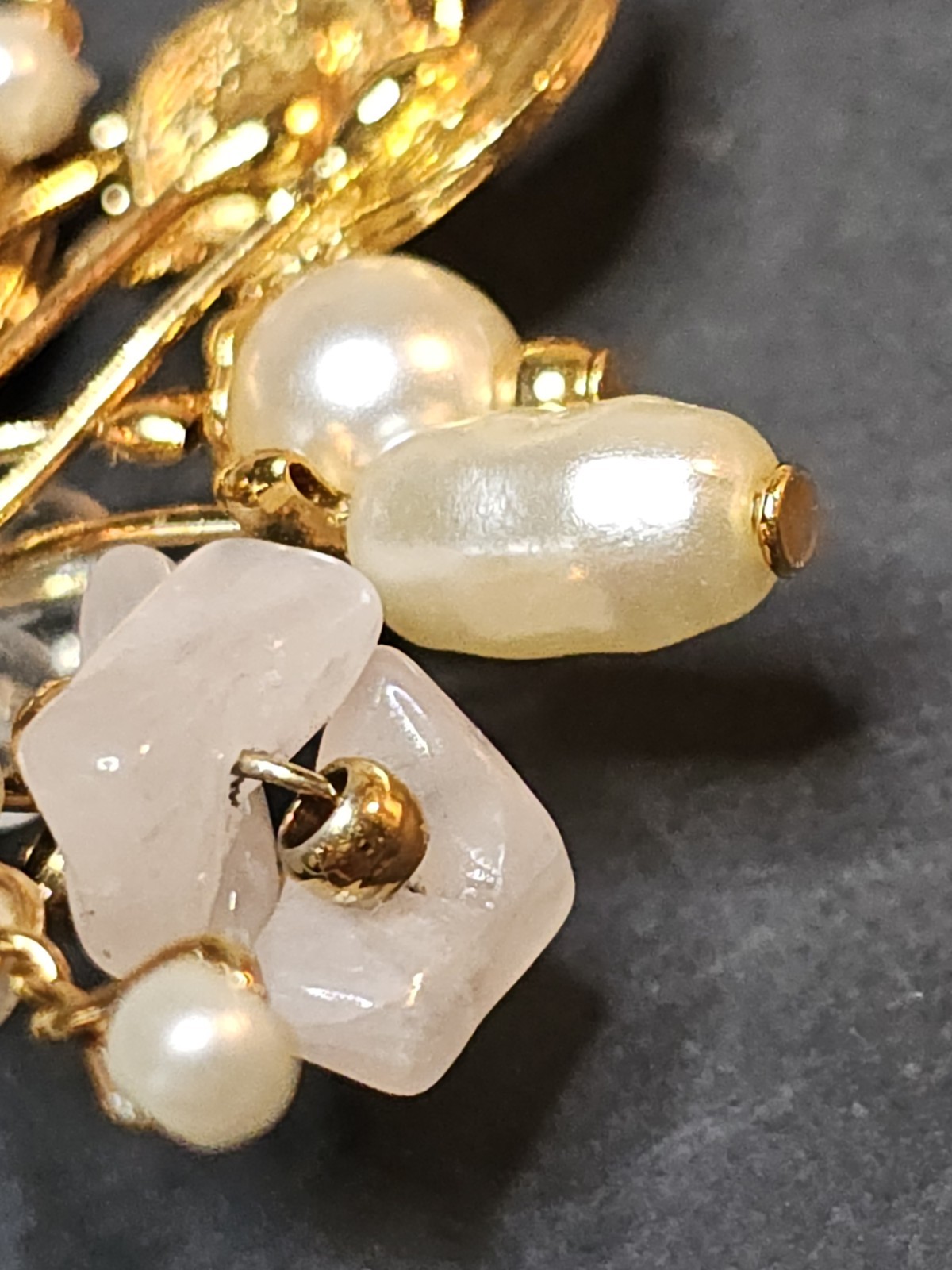 Vintage Floral Spray Brooch Gold tone Faux Pearls Pink Stone Chips Delicate Pin