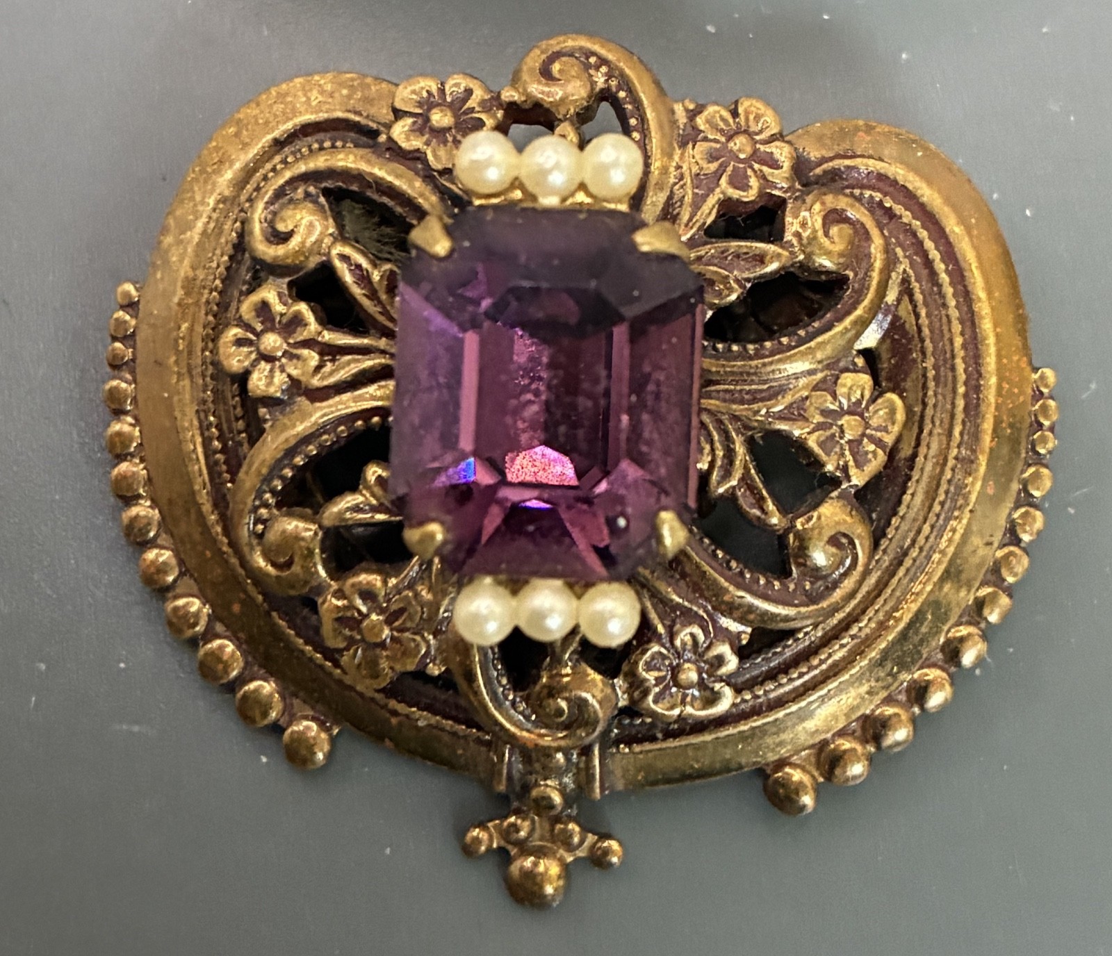 Victorian Era Multi Faceted Simulated Amethyst and Pearl Heart Shaped Brooch