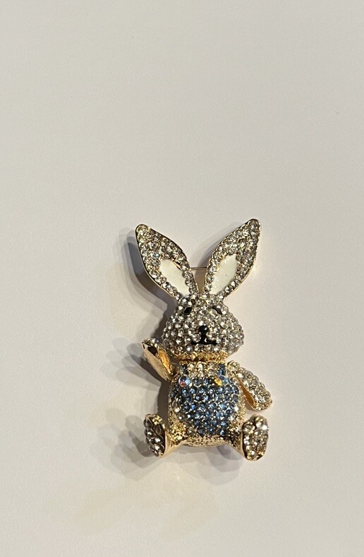 Rabbit in Blue Brooch Pin Rhinestone Covered Moveable Joints Fashion Jewelry