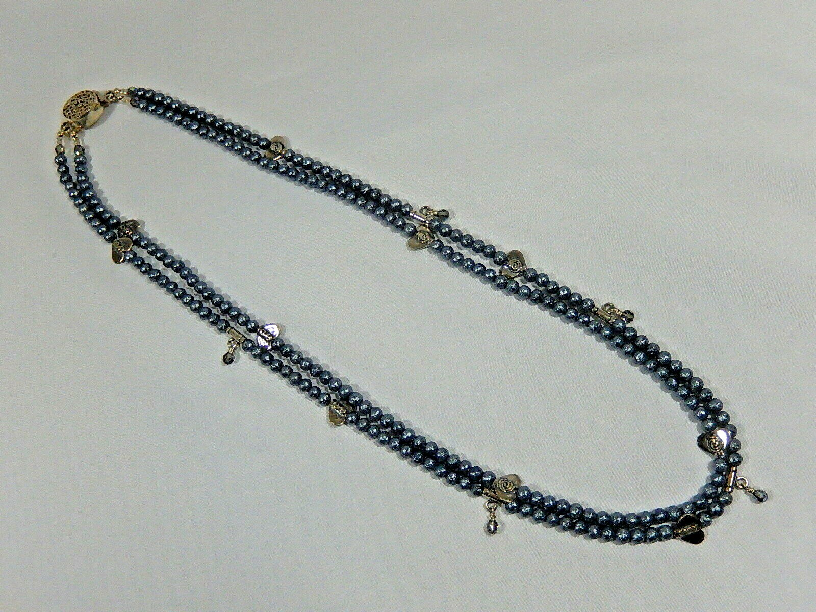 VTG STERLING SILVER 2 STRAND HEART BEAD AND GRAY W CRYSTAL DANGLES NECKLACE 36g