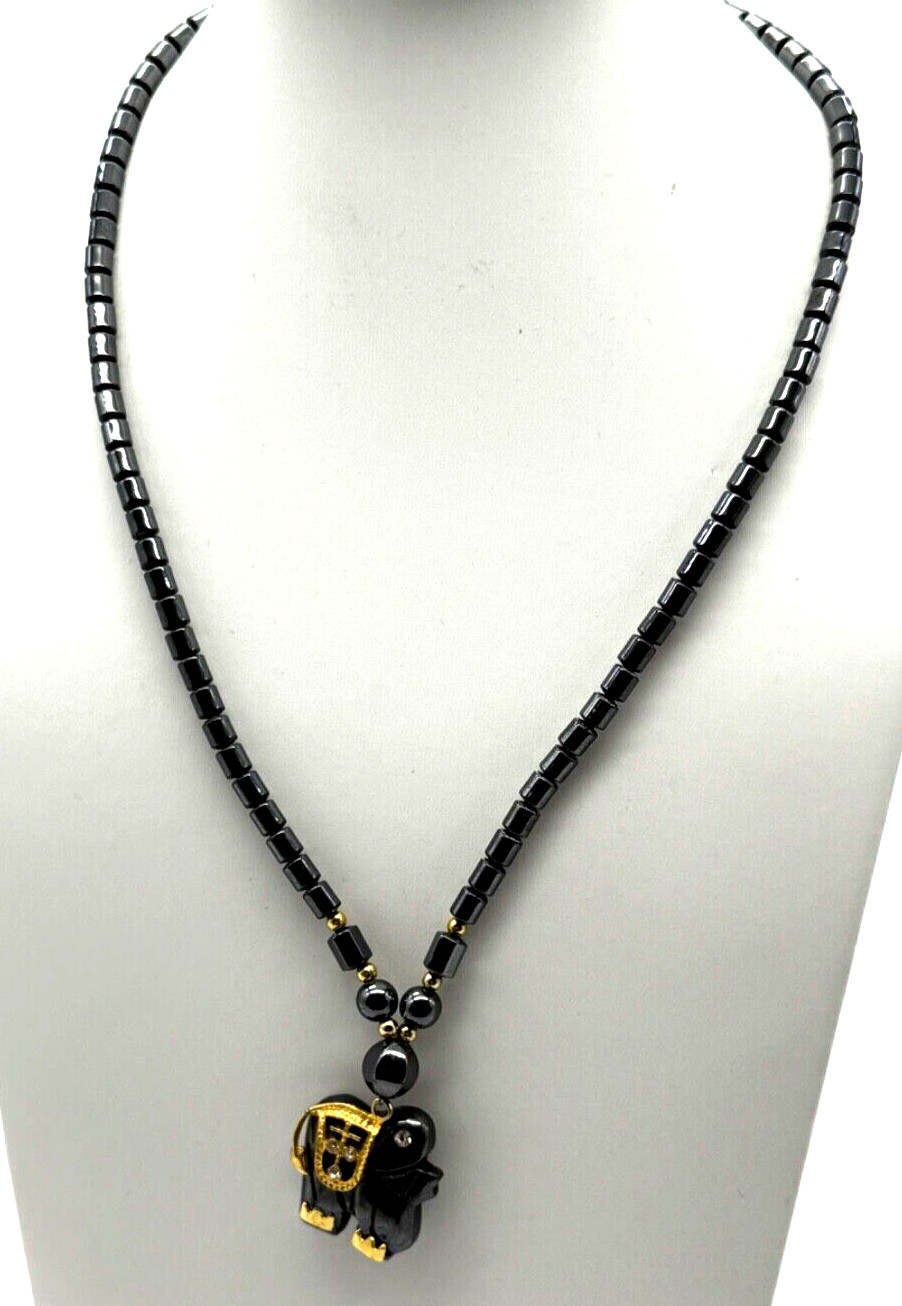 Vintage Hematite & Brass Lucky Elephant Necklace Amulet w/ fish hook clasp 16″