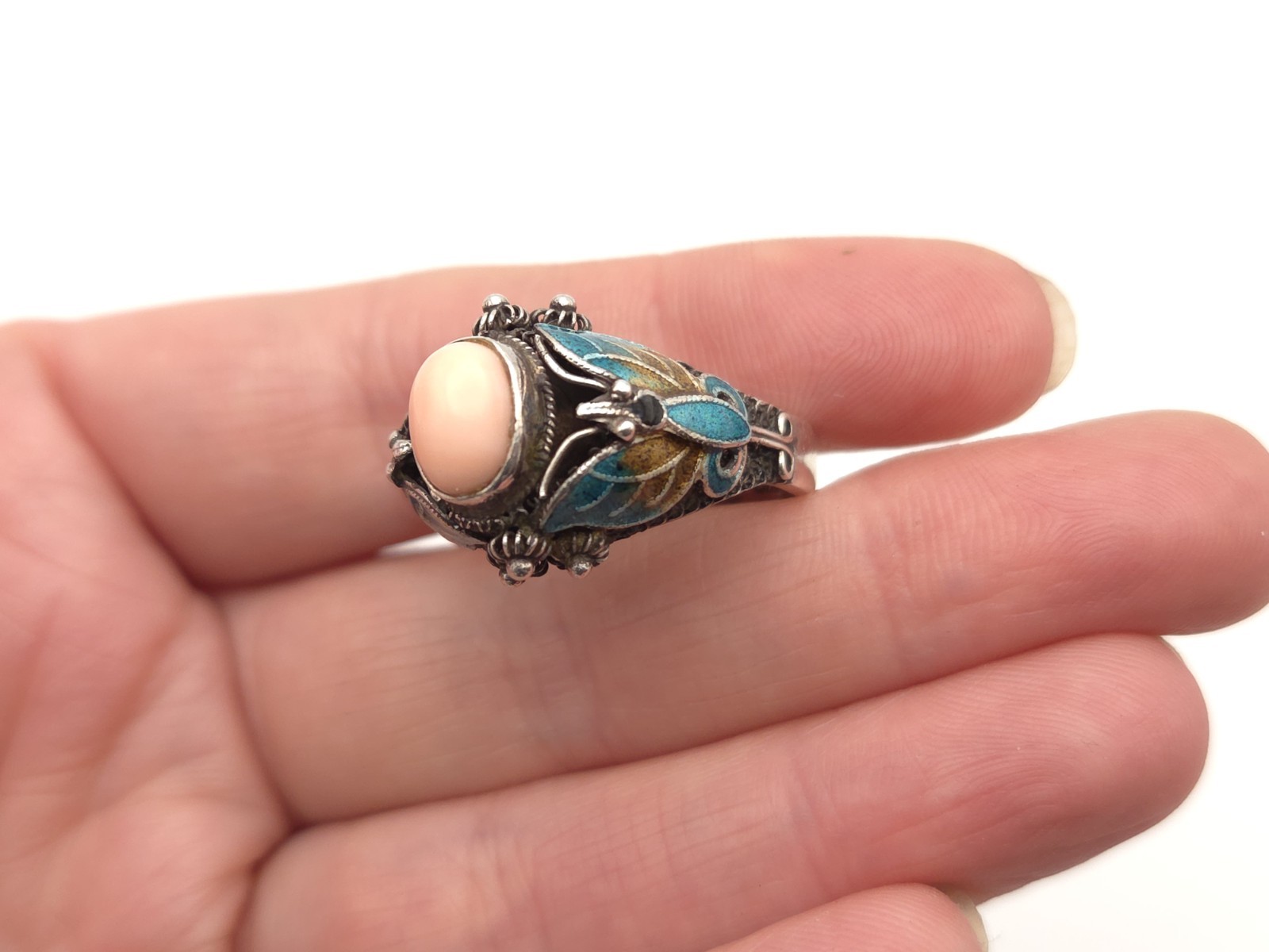 Vintage BJ Designer Sterling Silver Enamel Butterfly Pink Coral Ring Sz. 9