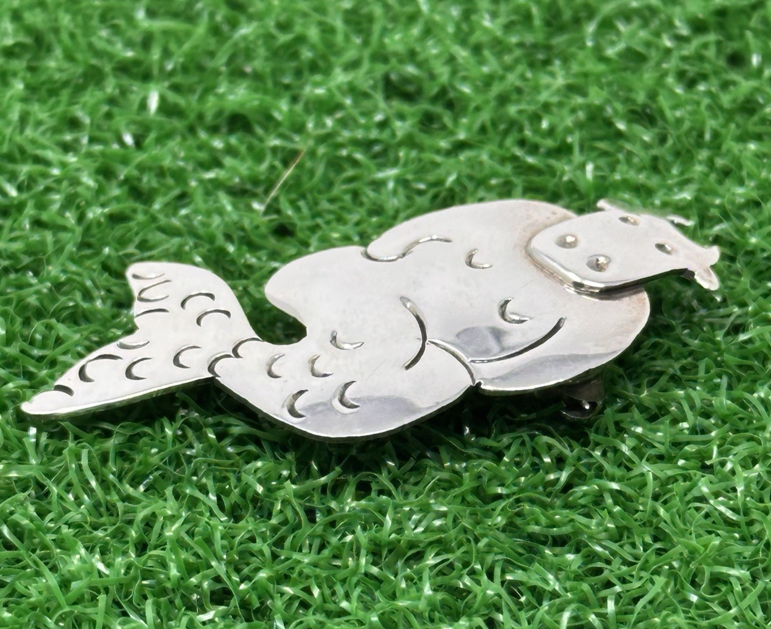 1990s Far Fetched Silver Cow Mermaid Brooch Pin Mexico Modernist Figural Jewelry