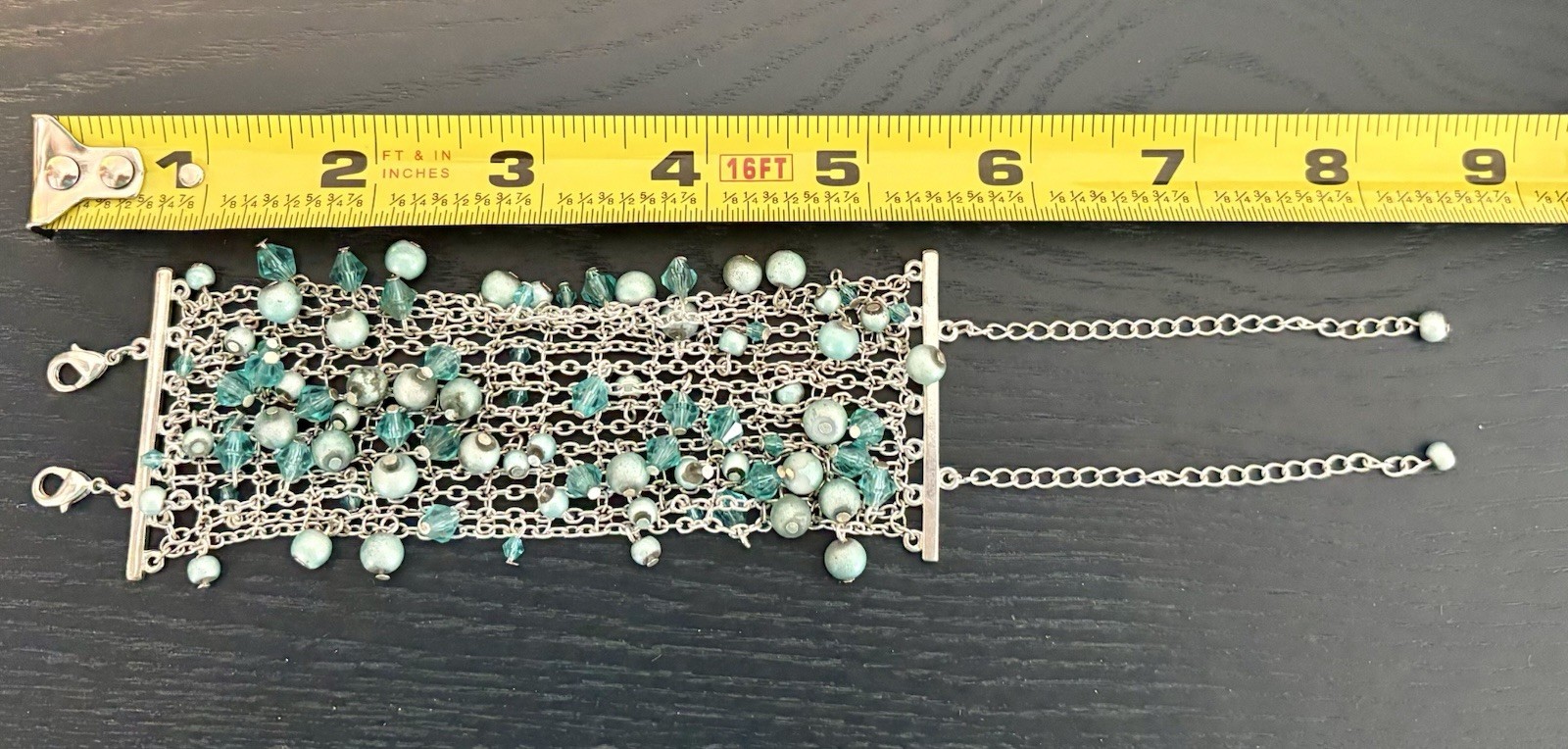 Vintage Silver Tone Mesh Bracelet Interwoven Turquoise and Teal Glass Beads