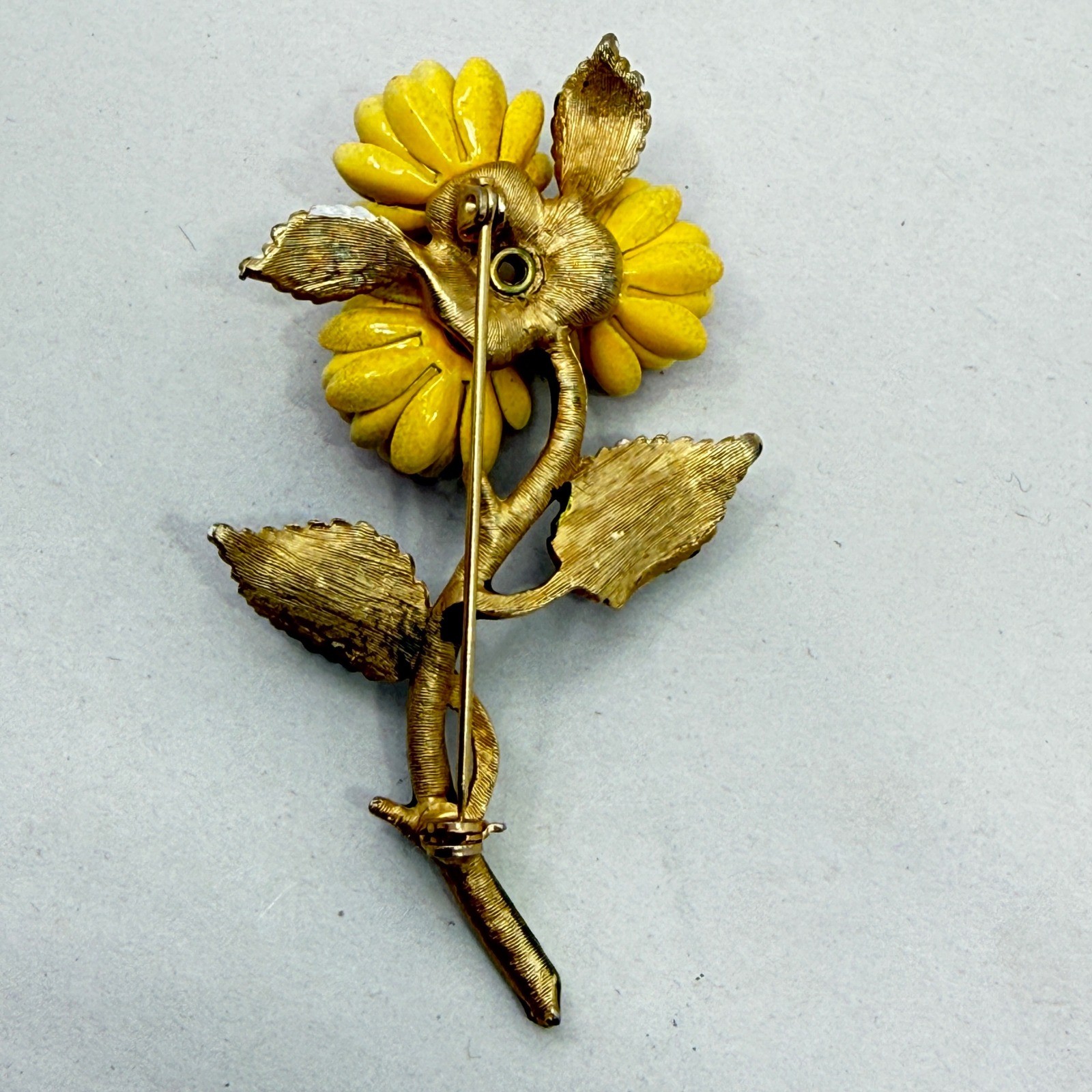 Vintage Enamel Flower Brooch Yellow Pink Green Floral Mid Century Botanical 3″