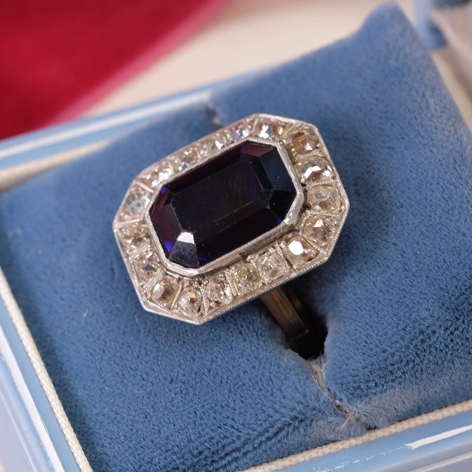 Old Mine Cut Diamond Sapphire Ring