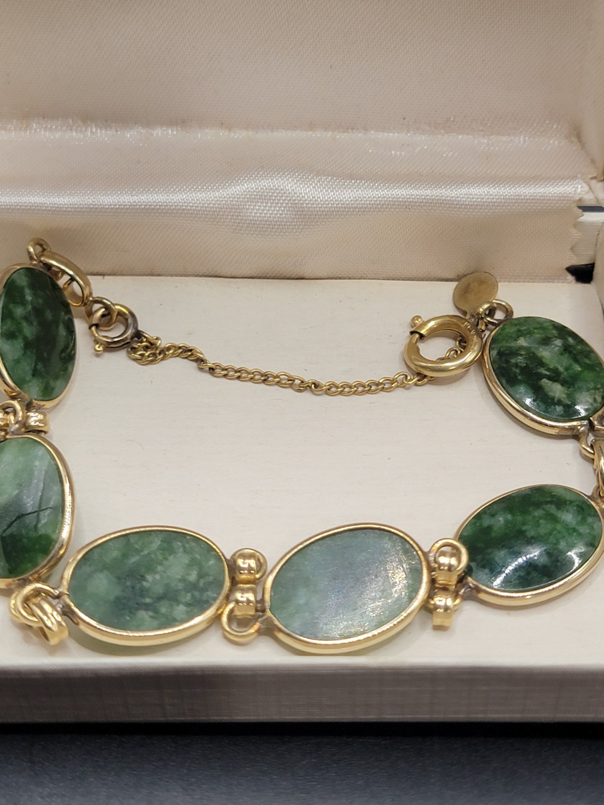 Green Jade Moss Agate 1/20 12K Gold-Filled Bracelet, Safety Chain, Vintage, 7”