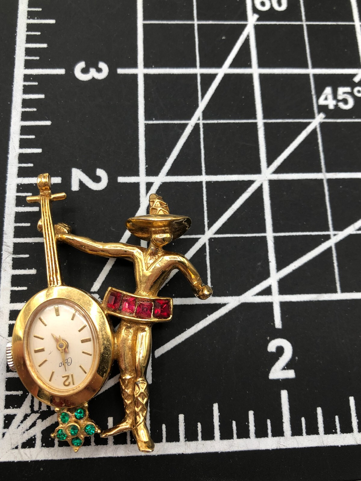 RARE Vtg Coro Mariachi Musician Mechanical Watch Brooch Pin Mid-Century Estate