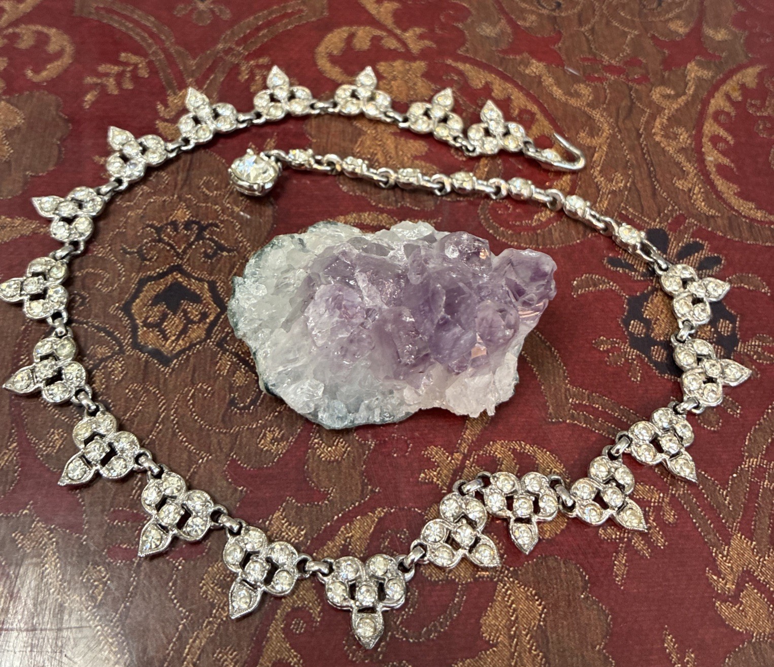 1940s Rhodium Plated necklace 16” Signed Albion Clear Rhinestone Deco “rare”