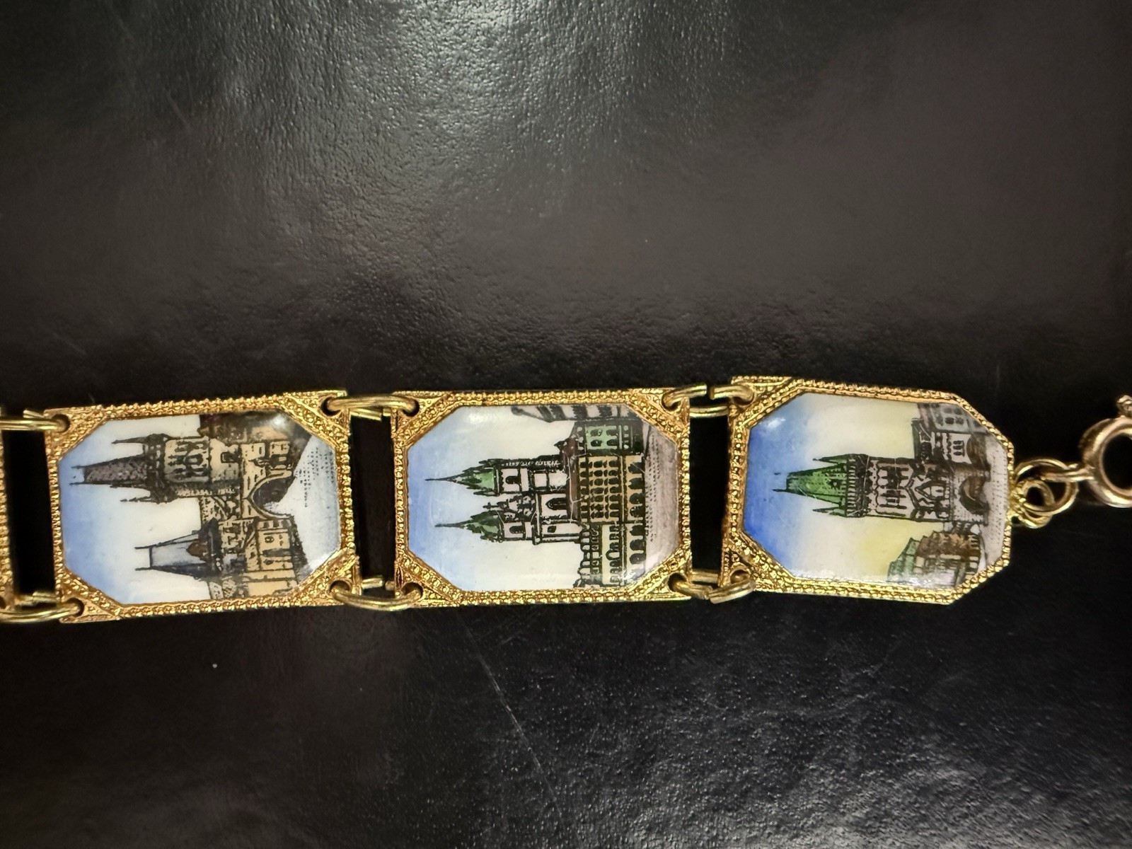 Vintage Gold Tone Enamel Souvenir Bracelet From Praha (Prague) Czech Republic