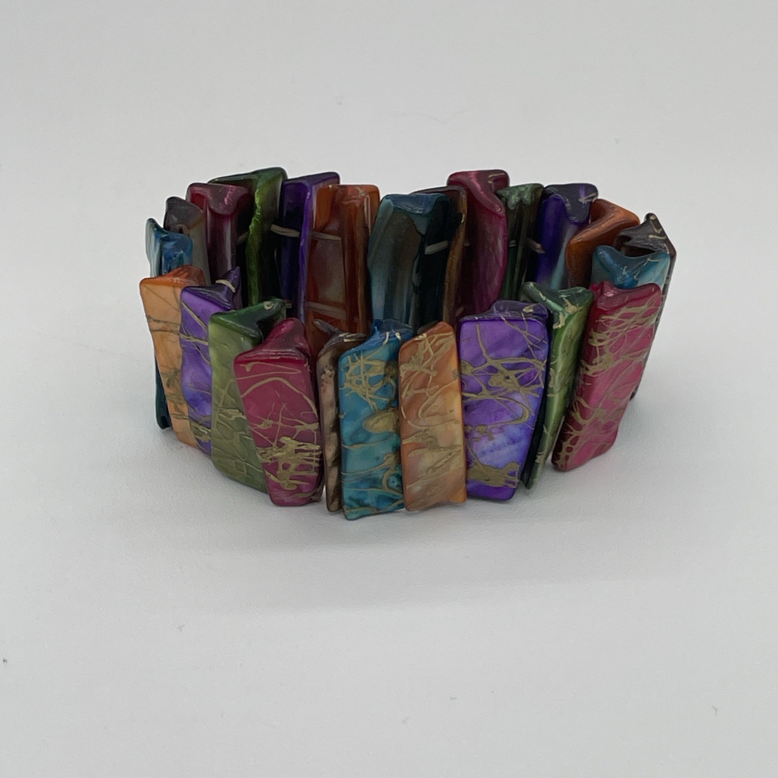 Vintage Stretch Bangle Bracelet Iridescent Multicolor With Gold Accents