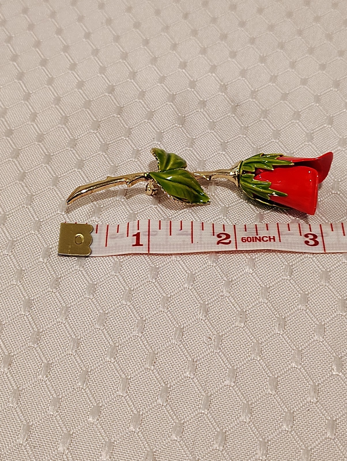 Vintage Enamel Red Rosebud Gold Stem Green Leaves Brooch Pin 3″ Long