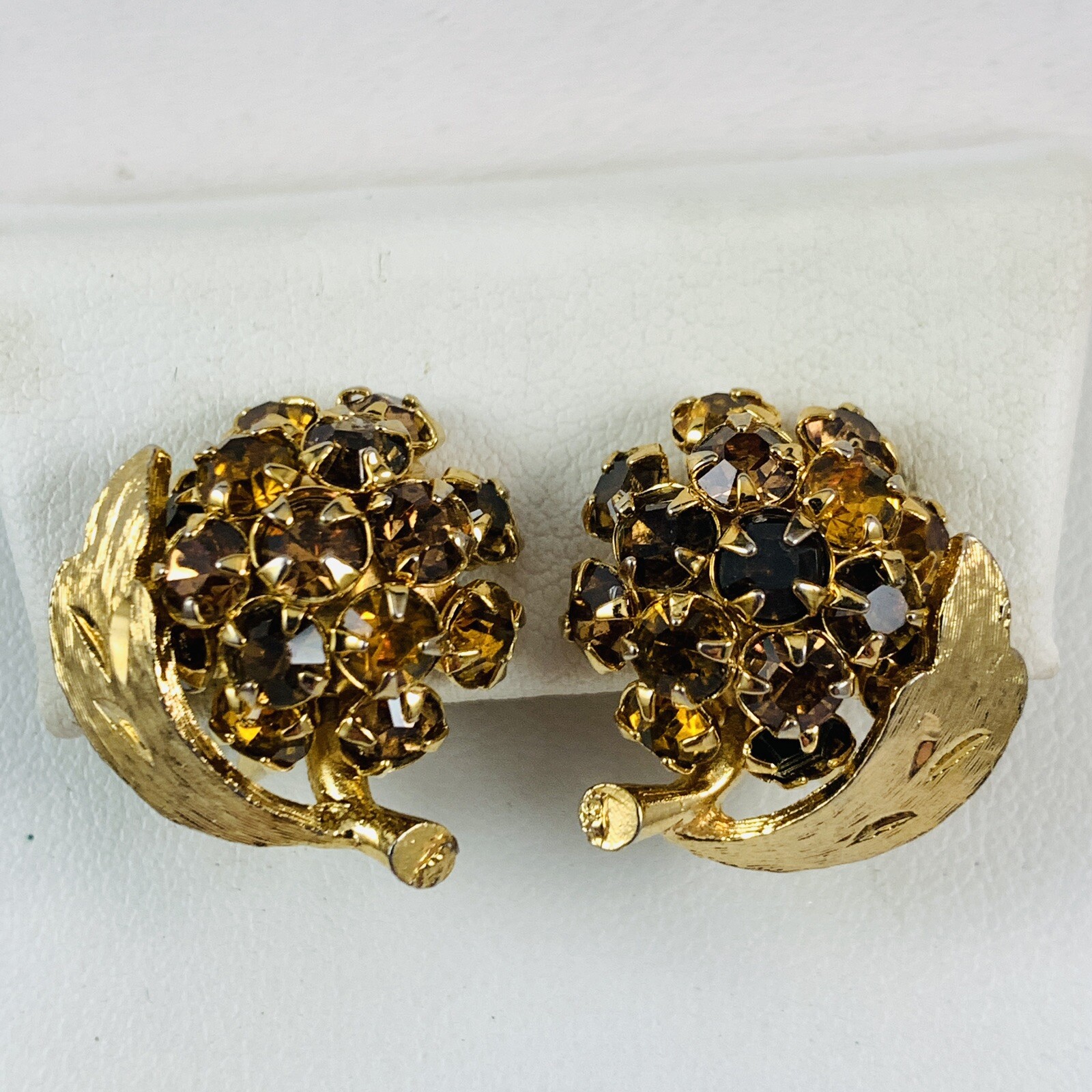 Vintage Golden Brown Cognac Color Rhinestone Flower Leaf Clip on Earrings