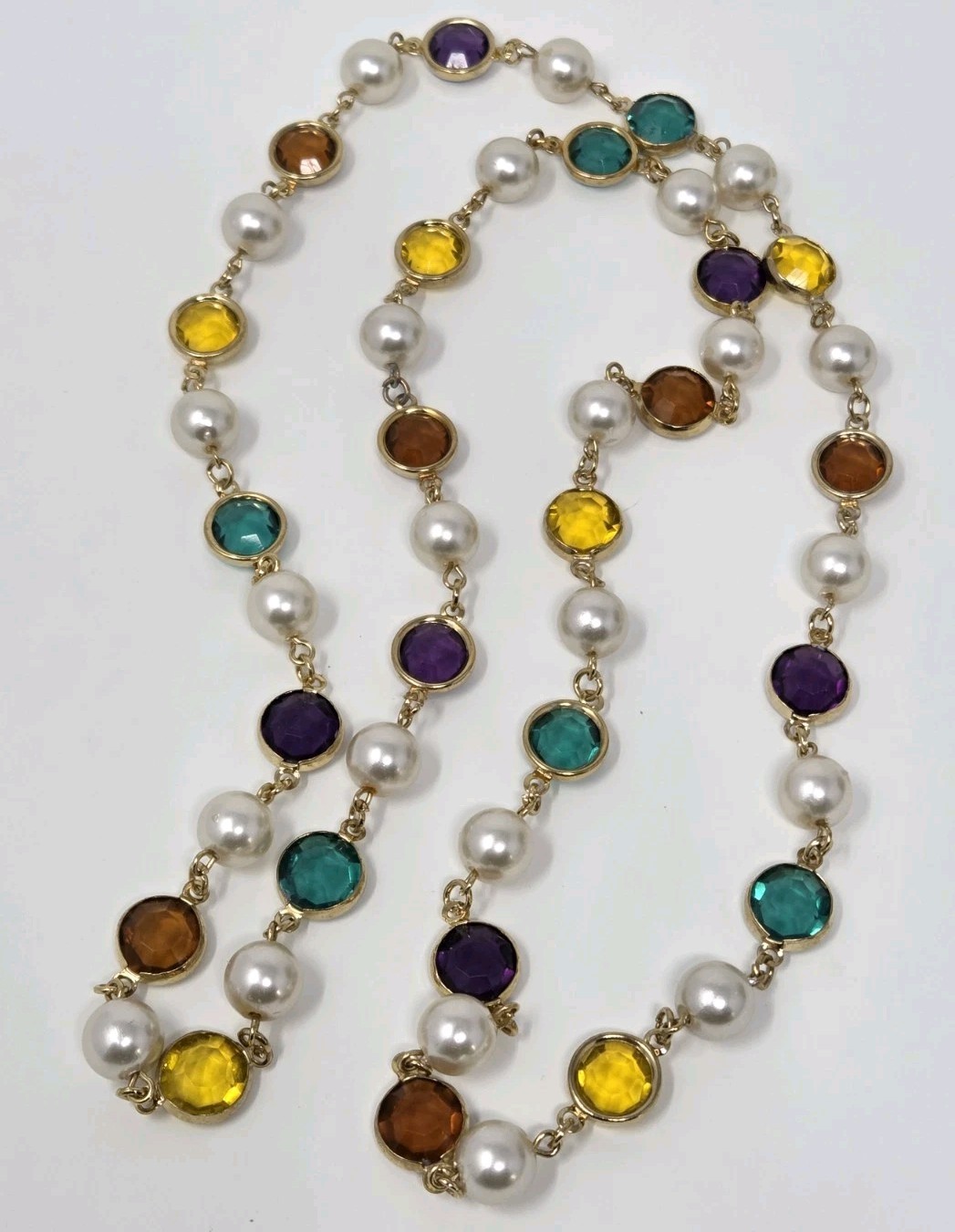 Faux Pearl & Multicolor Bezel Set Acrylic Crystal Necklace 35 Inches Vintage