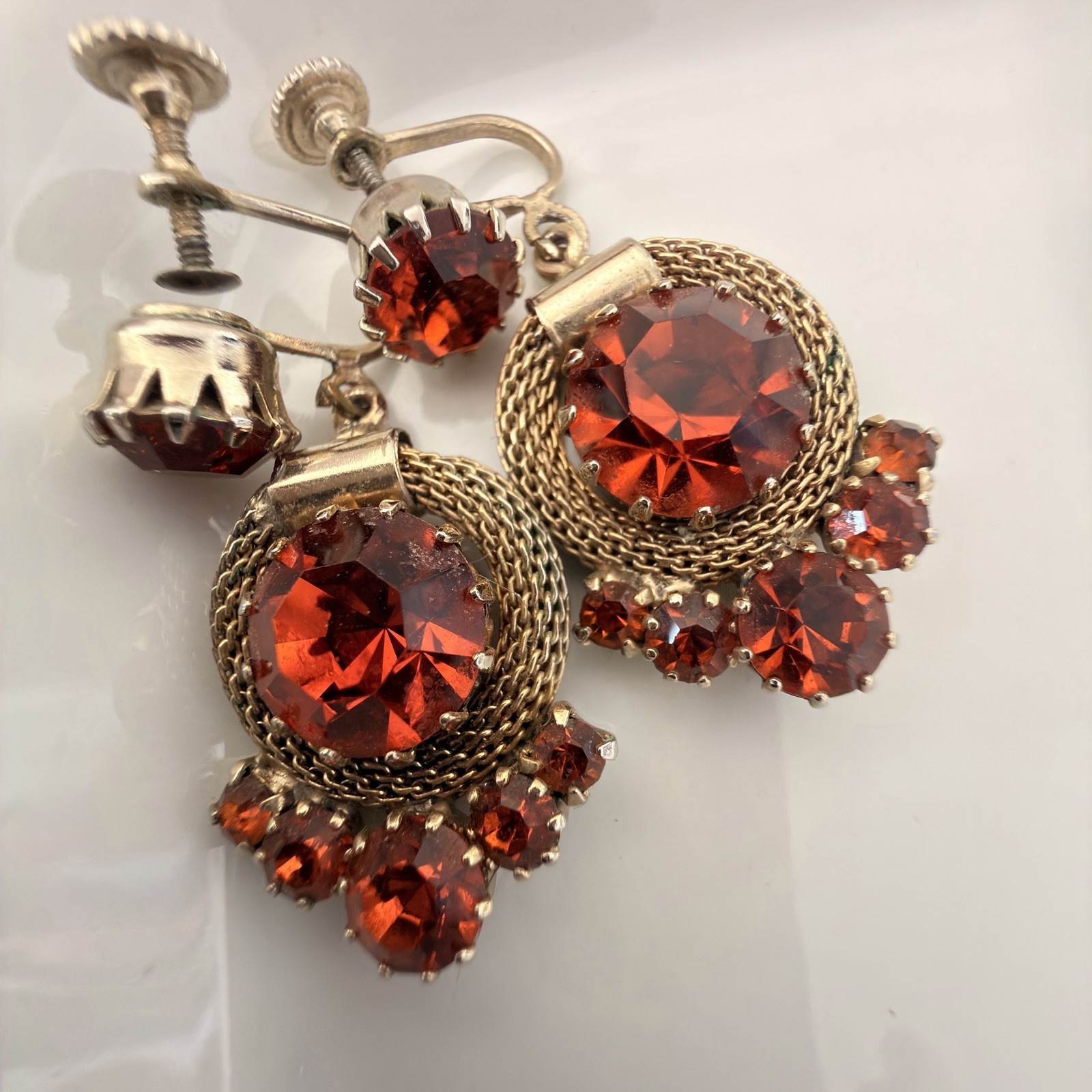RARE Signed Weiss Fire Opal Red Rhinestone Wreath Brooch Screwback Earrings Set
