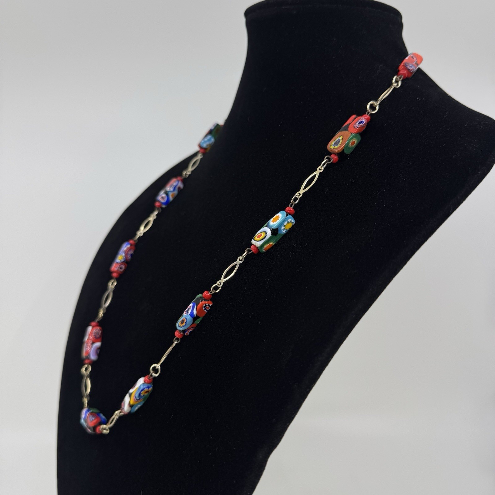 Vintage Millefiori Rectangle Glass Bead Necklace Gold Tone 29”