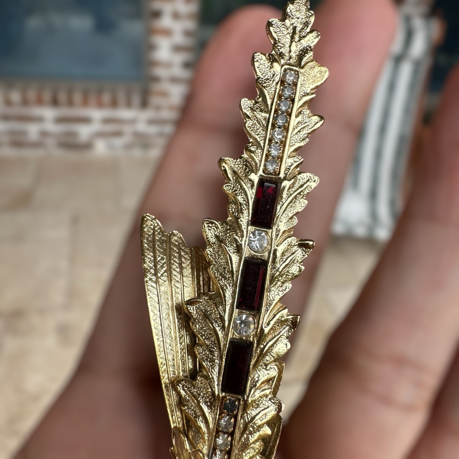 VTG Whiting Davis Feather Brooch Pin 5 Inch Red Glass Rhinestone Gold Plate Rare