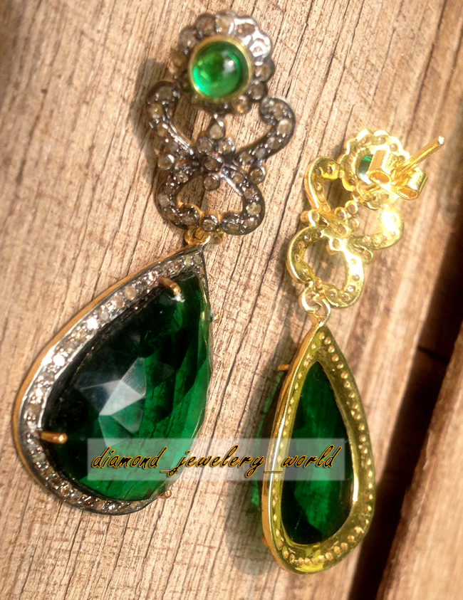 2.95ctw Rose Cut Diamond Emerald Studded Silver Vintage Stunning Earring Jewelry