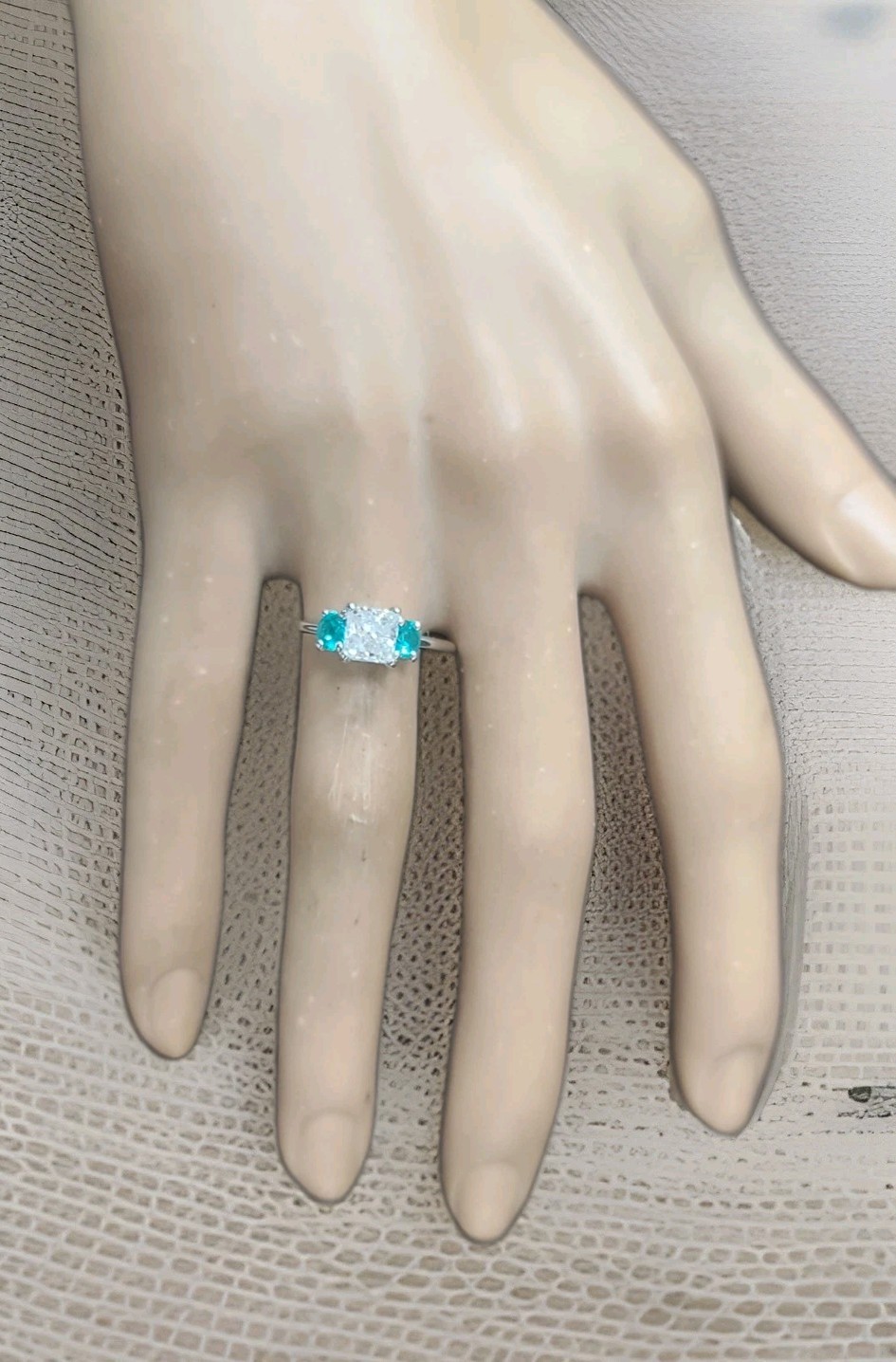 14K White Gold Engagement Three Stone Ring 1.02CT.Natural Princess Cut Diamond