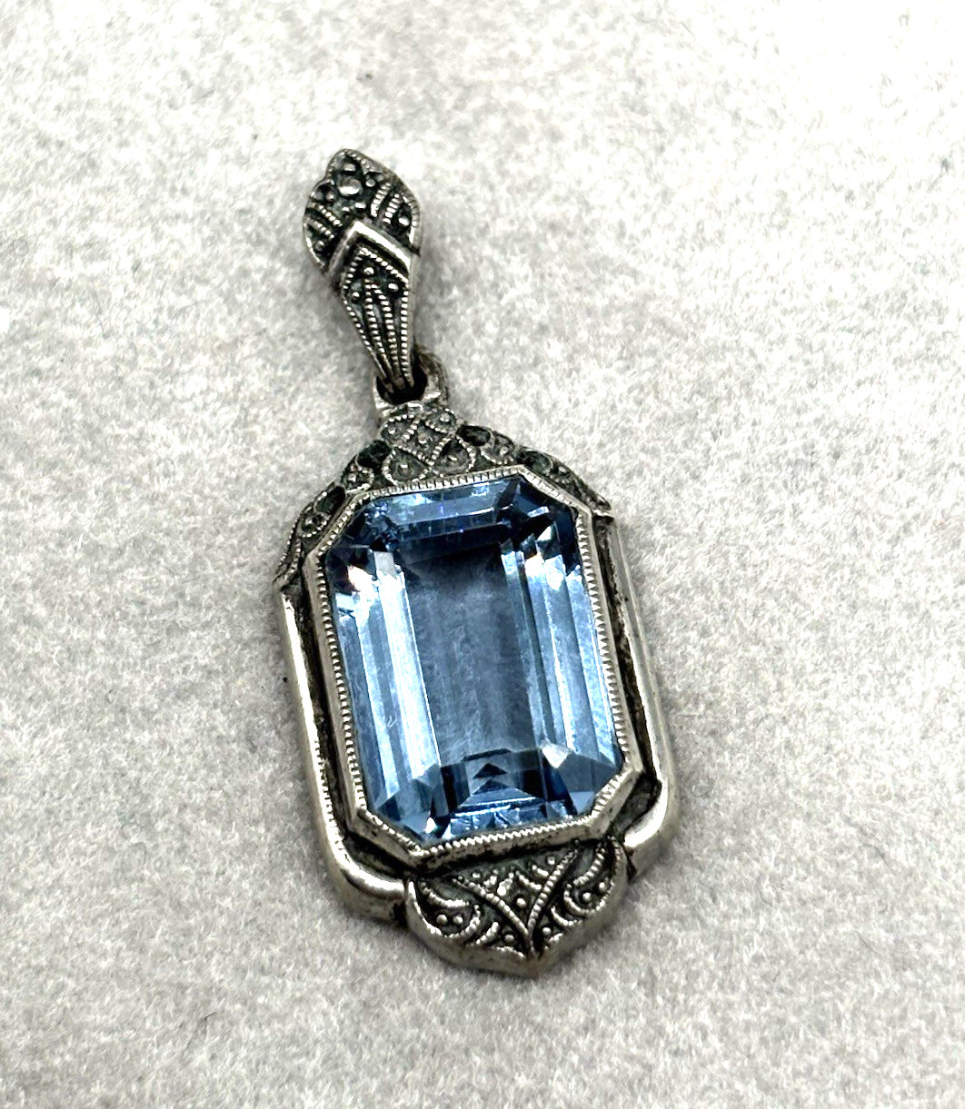 German Art Deco Pendant 835 Silver Ornate Blue Crystal Emerald Cut Vintage