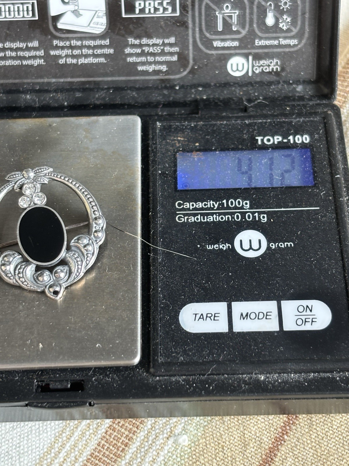 Vtg Reproduction Victorian Mourning Brooch Sterling Silver Black Onyx Rhinestone