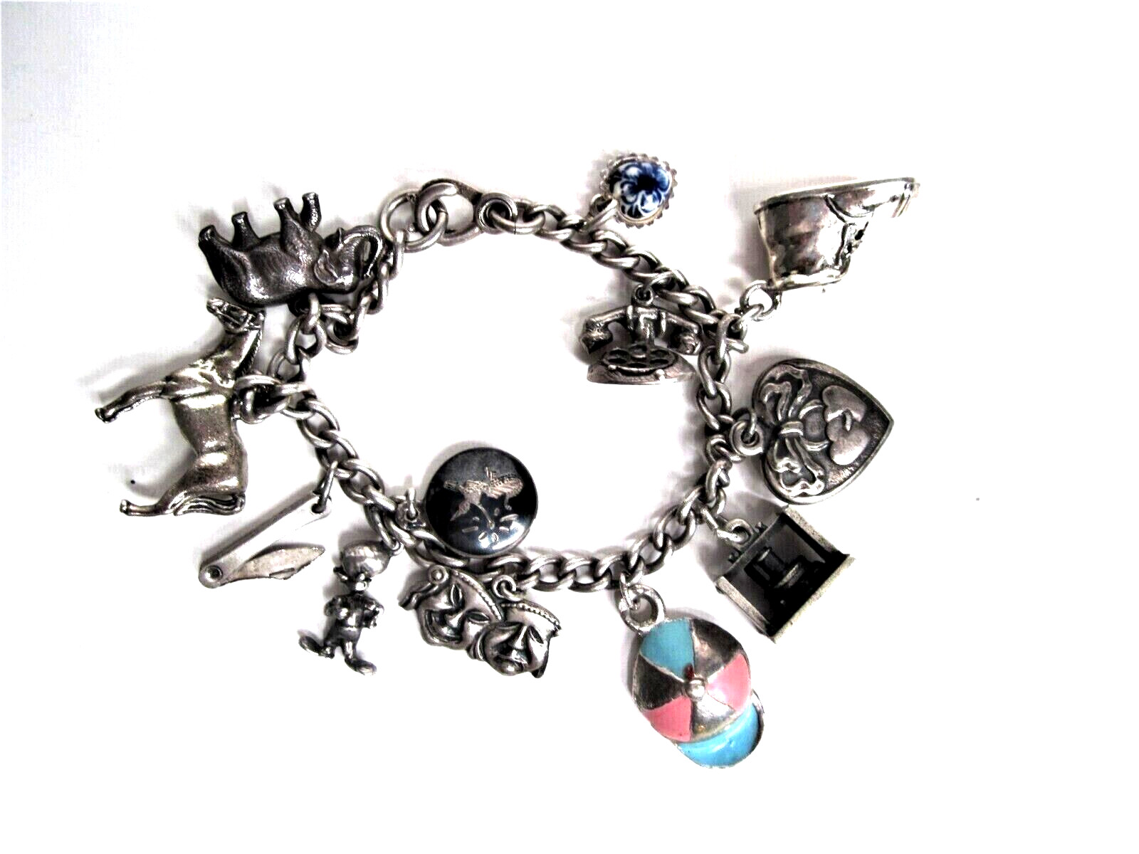 Sterling Silver Charm Bracelet Antique- Lil’ Eightball + 11 Other S/S Charms