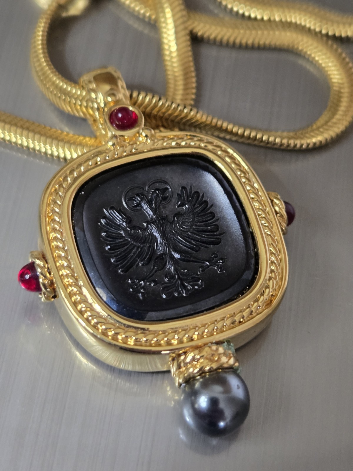 JOAN RIVERS Enamel Imperial Double Head Eagle Necklace Signed 10 in. Vintage