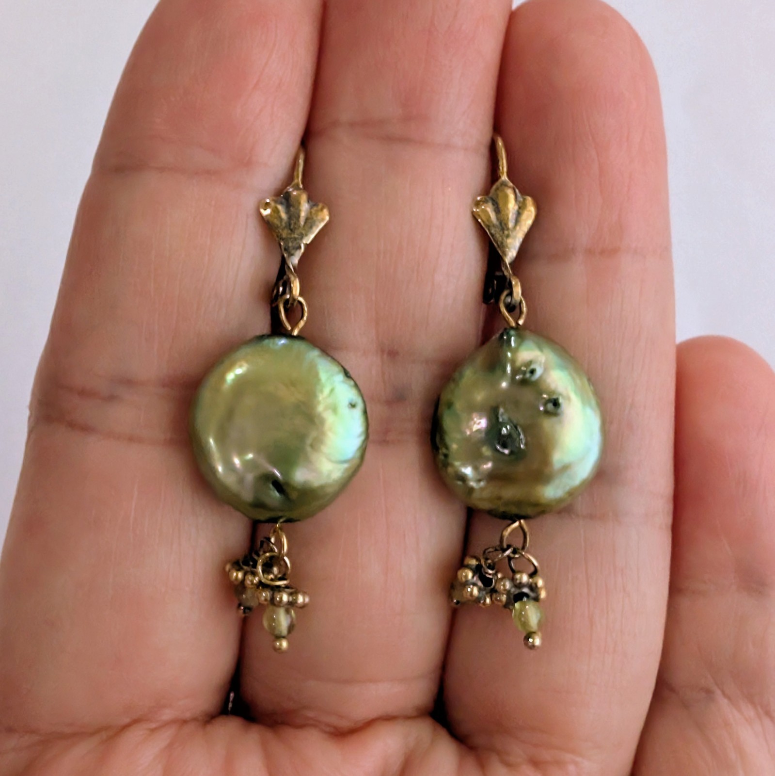 Vintage Mossy Green Button Freshwater Pearl Drop Earrings, Mark Unknown Untested