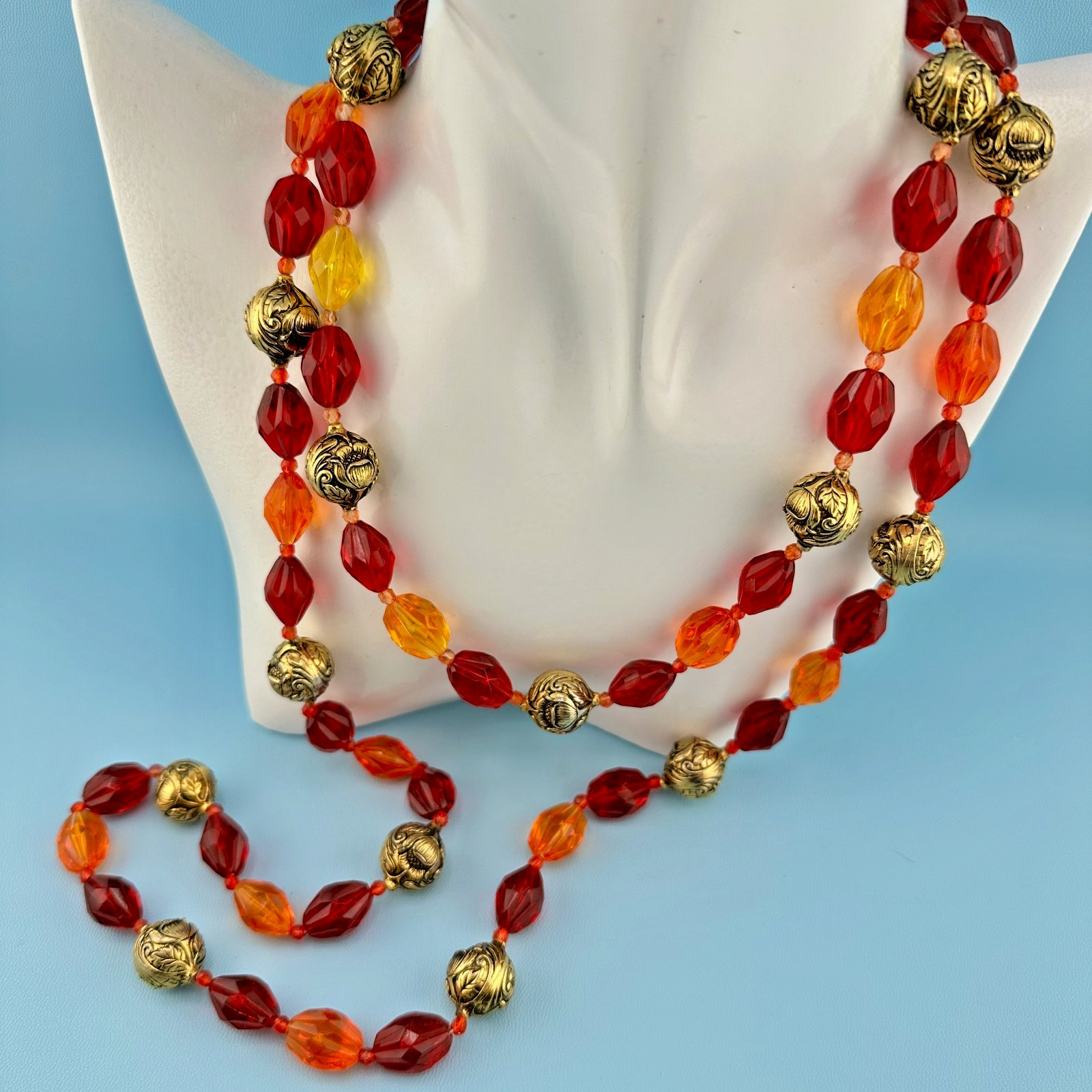 Vintage Lucite Bead Gypsy Necklace Faceted Red Orange Gold Tone Floral 46″ Boho
