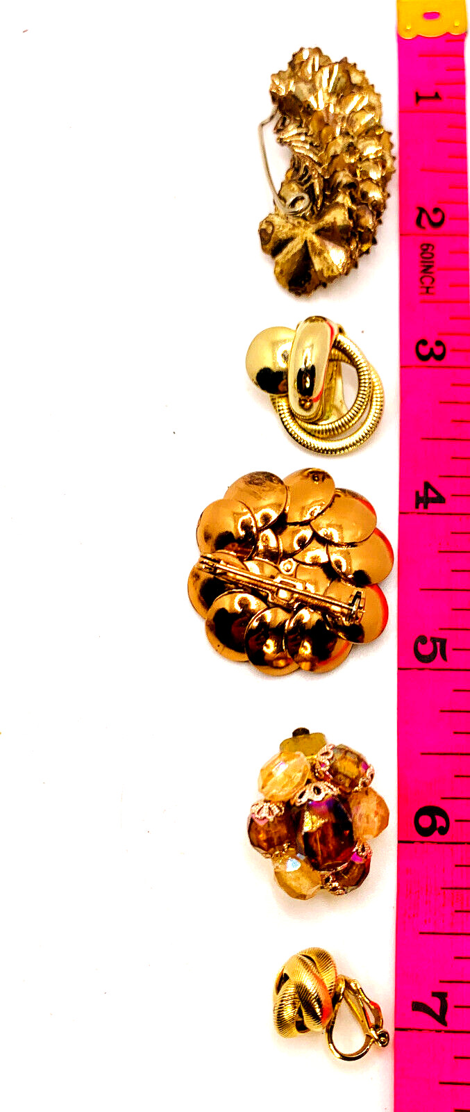 Lot 5 Vtg Gold & Copper Tone Jewelry Brooches Clip Earrings Western Germany Etc.