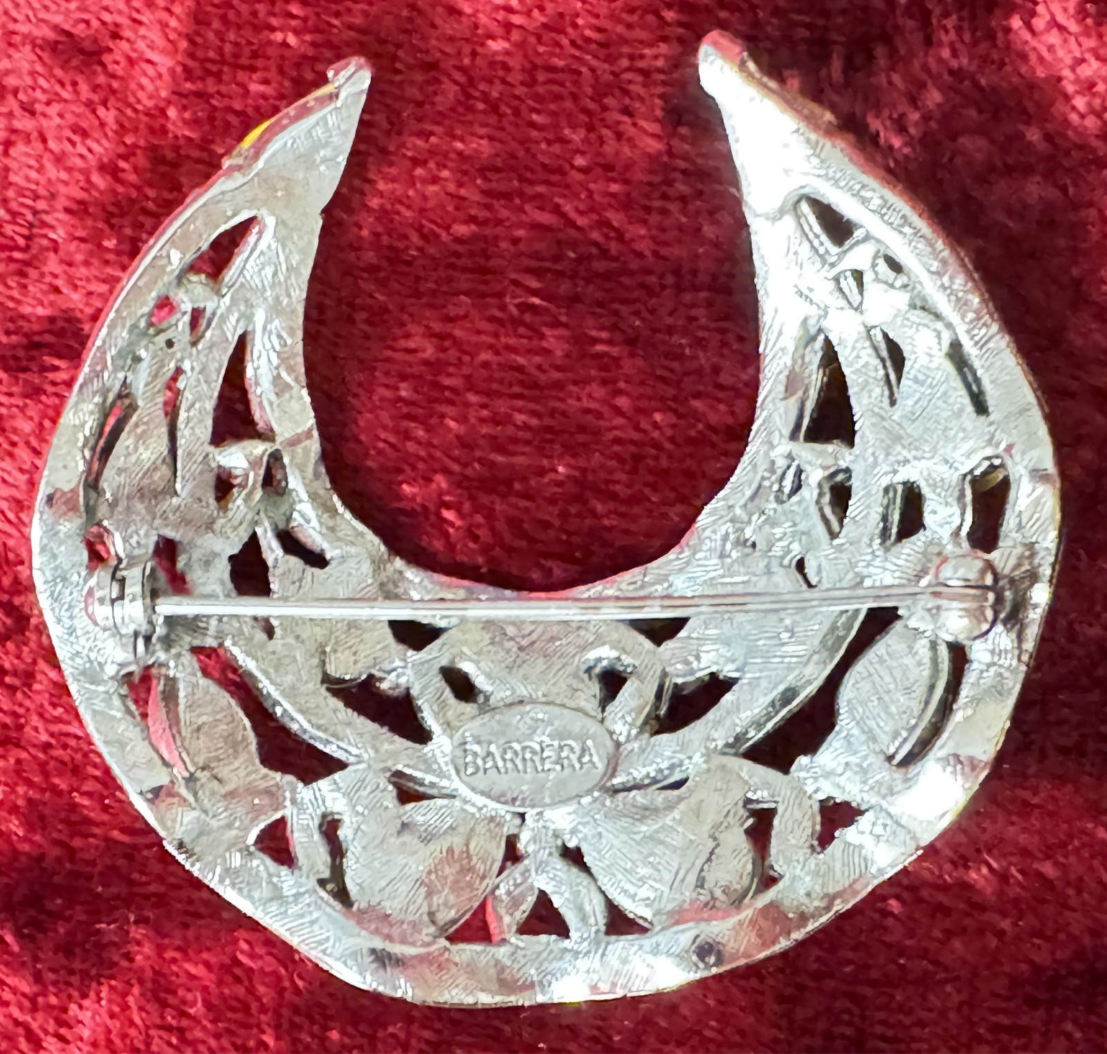 Vintage Barrera Crescent Moon-shaped Brooch Pin with Clear Sparkling Rhinestones