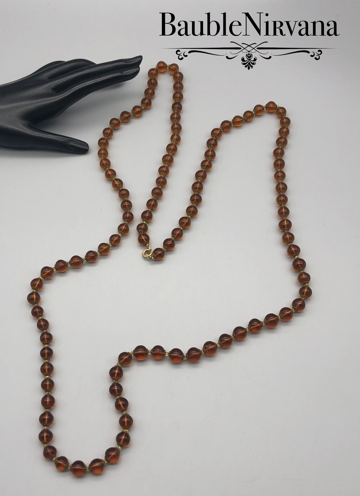 Vintage Dark Golden Amber Brown Glass Cabochon & Brass Long Bead Necklace