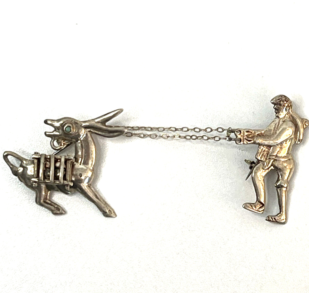 Sterling Silver Chatelaine Brooch Man Donkey Mexico 1940’s 2-Part 16grams