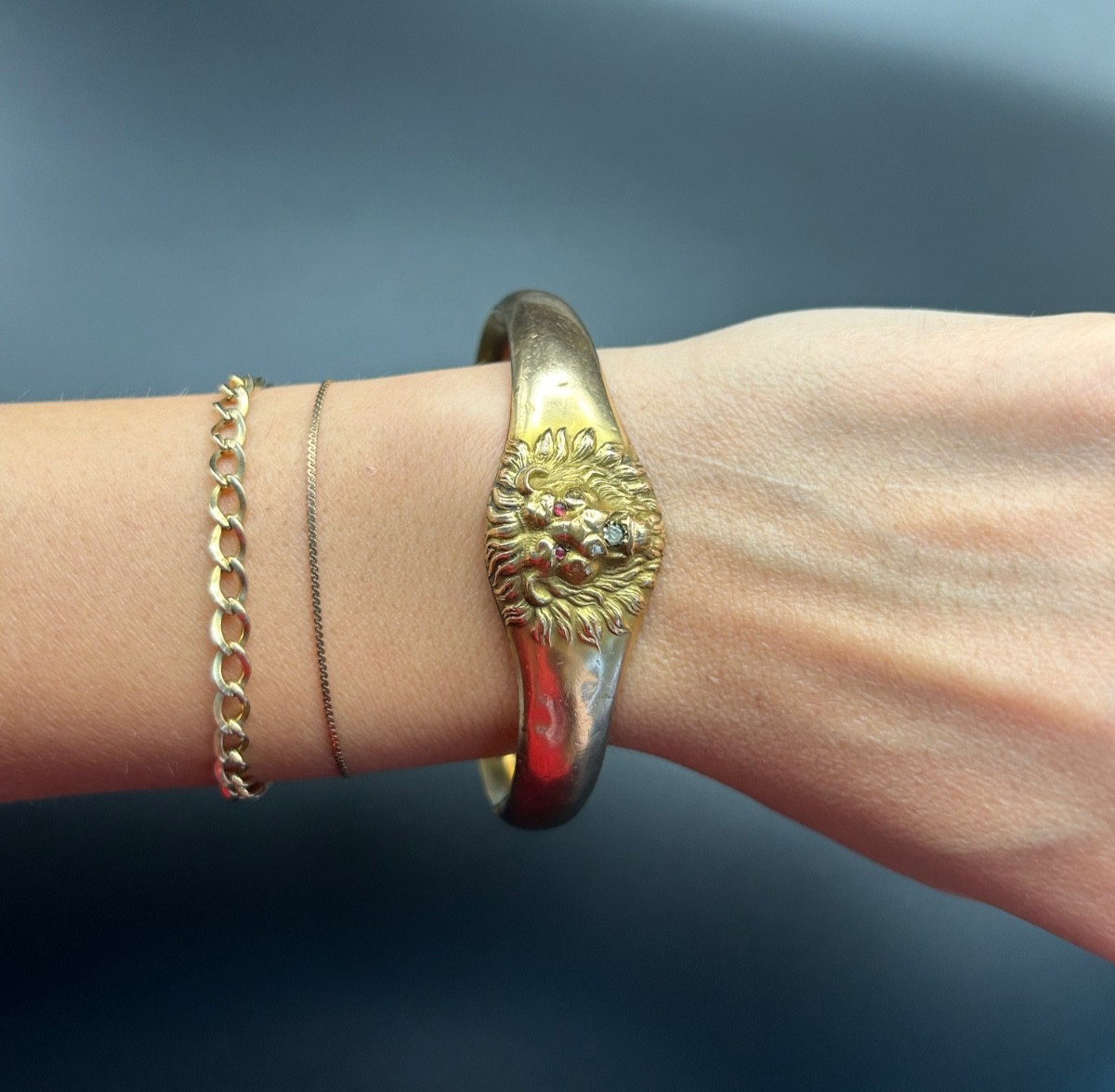 Antique Victorian Gold Filled Lion Head Bangle Bracelet Ruby Paste JMC