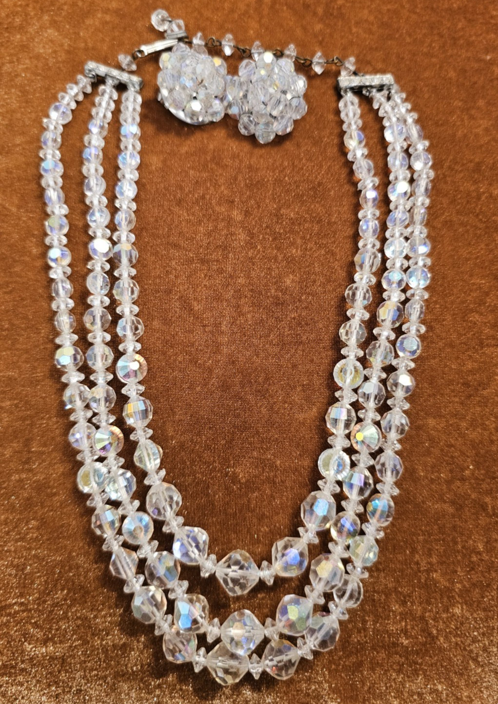 Vintage 8″ 3-Strand, Iridescent Beaded Choker And Matching Clip Earrings