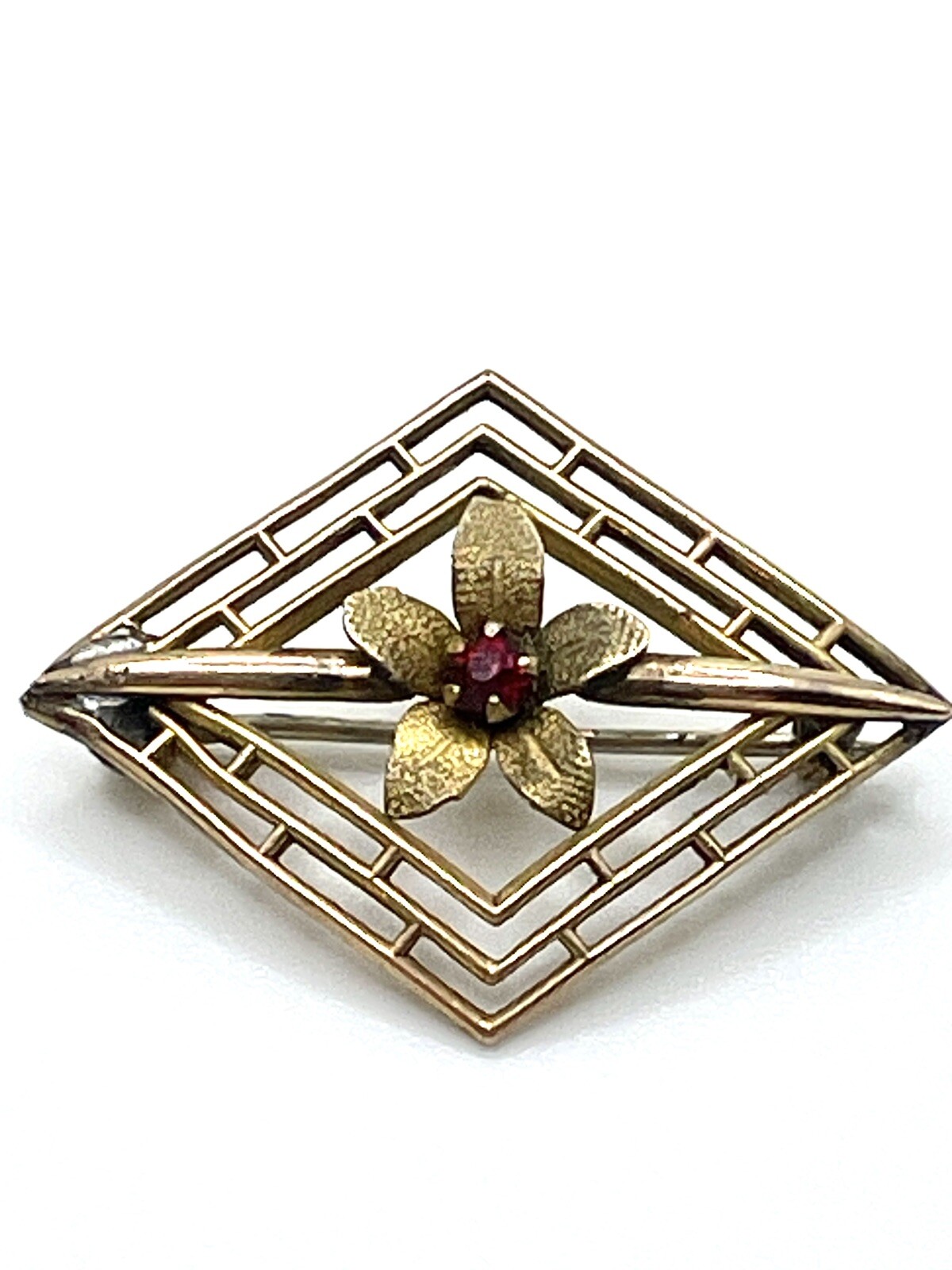 Antique Art Nouveau Brass Red Crystal Flower Openwork Brooch Pin