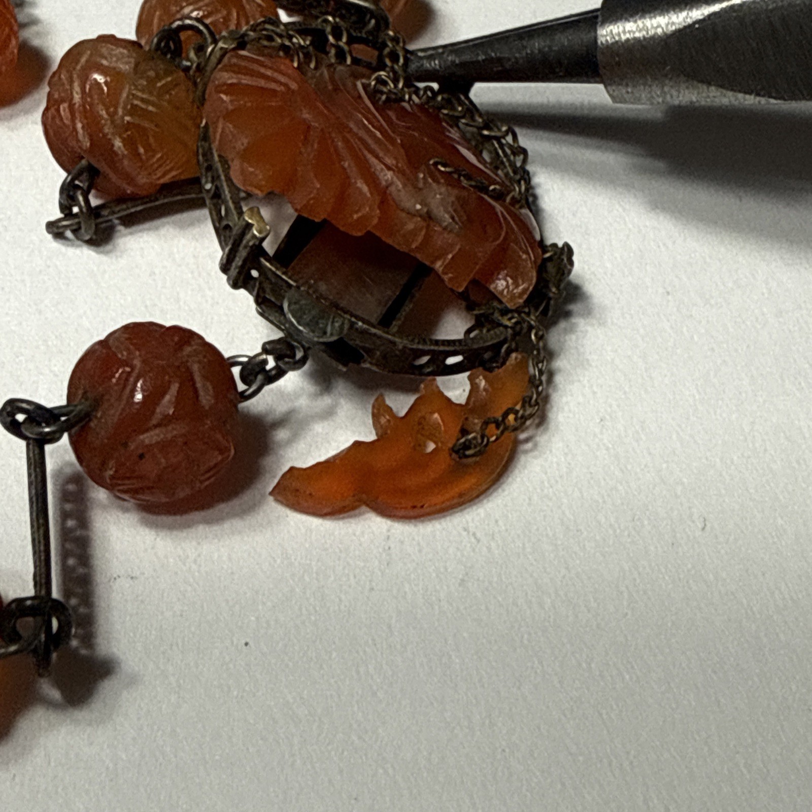VTG Antique Chinese Carved Carnelian 15.5” Sterling Choker Necklace TLC