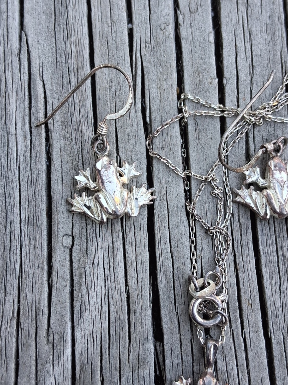 Cute Sterling Silver Frog Necklace & Earrings Set 925 Vintage Jewelry 18″ Chain