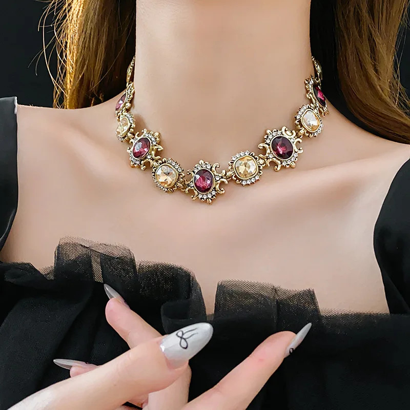Vintage Purple Rhinestone Necklace Drop Earrings for Women Palace Style