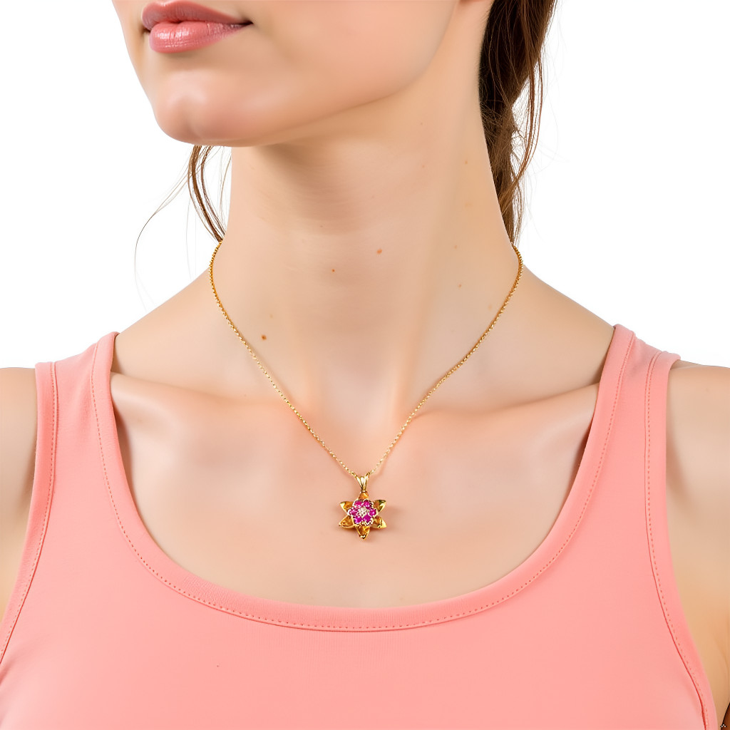 14K Solid Yellow White Gold Ruby Diamond Flower Pendant Necklace, Lab Ruby