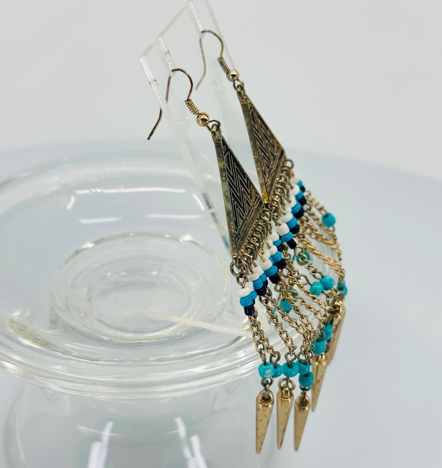 Vtg 1980s 80s Boho FRINGE Dangle Earrings Goldtone Beads Tribal Statement!